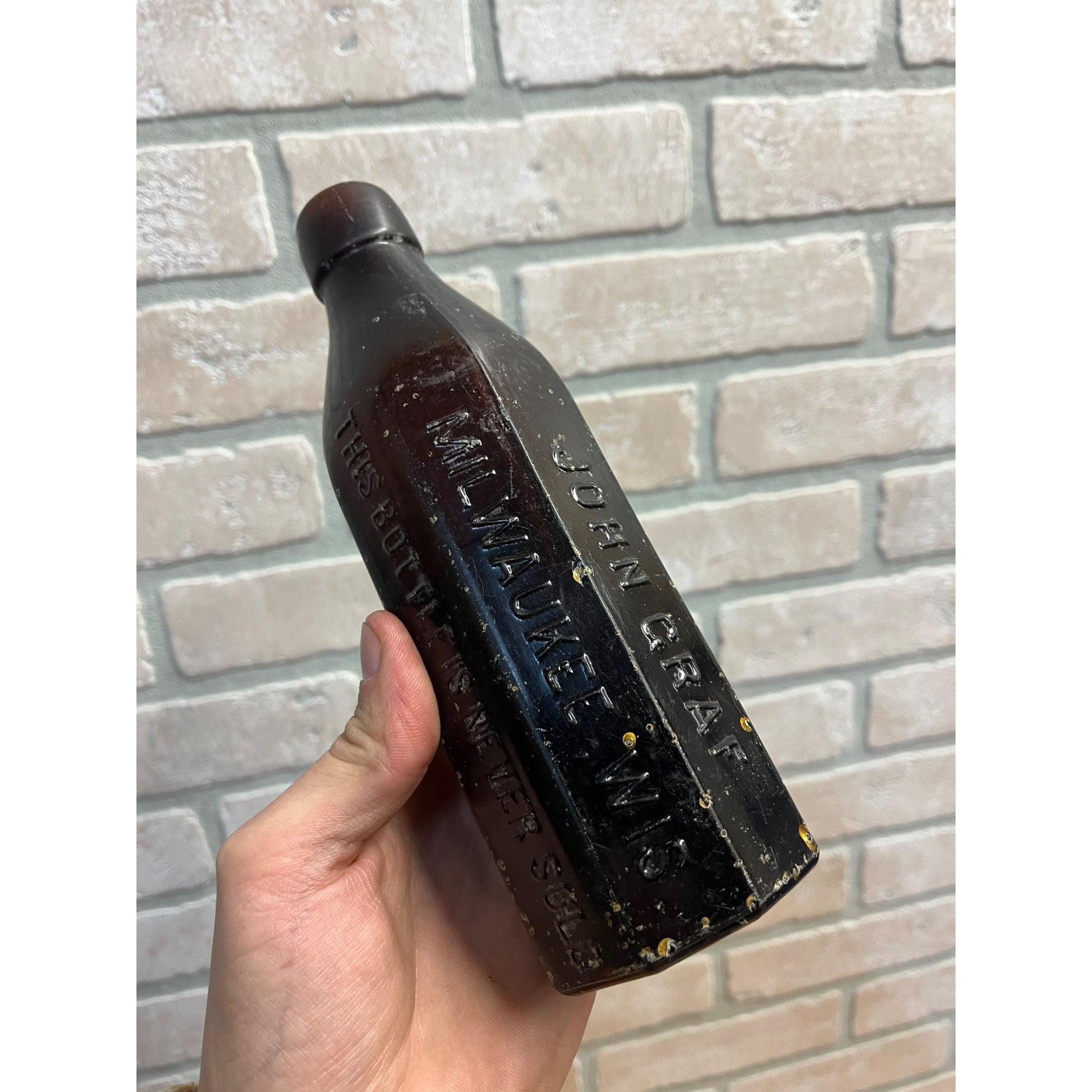 John John Graf c1880s Milwaukee Wis Amber Brown Panel Soda Bottle Blob Top