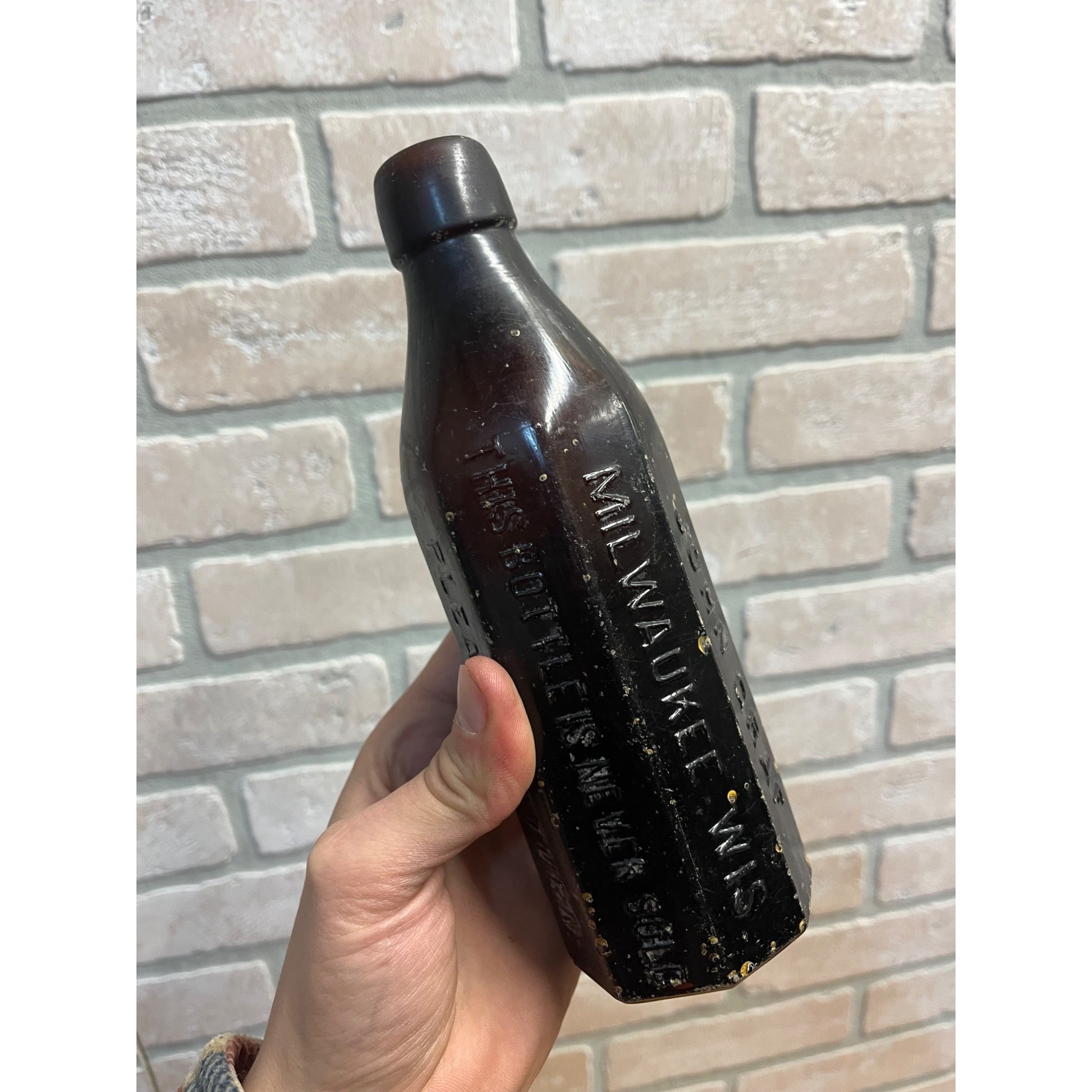 John John Graf c1880s Milwaukee Wis Amber Brown Panel Soda Bottle Blob Top