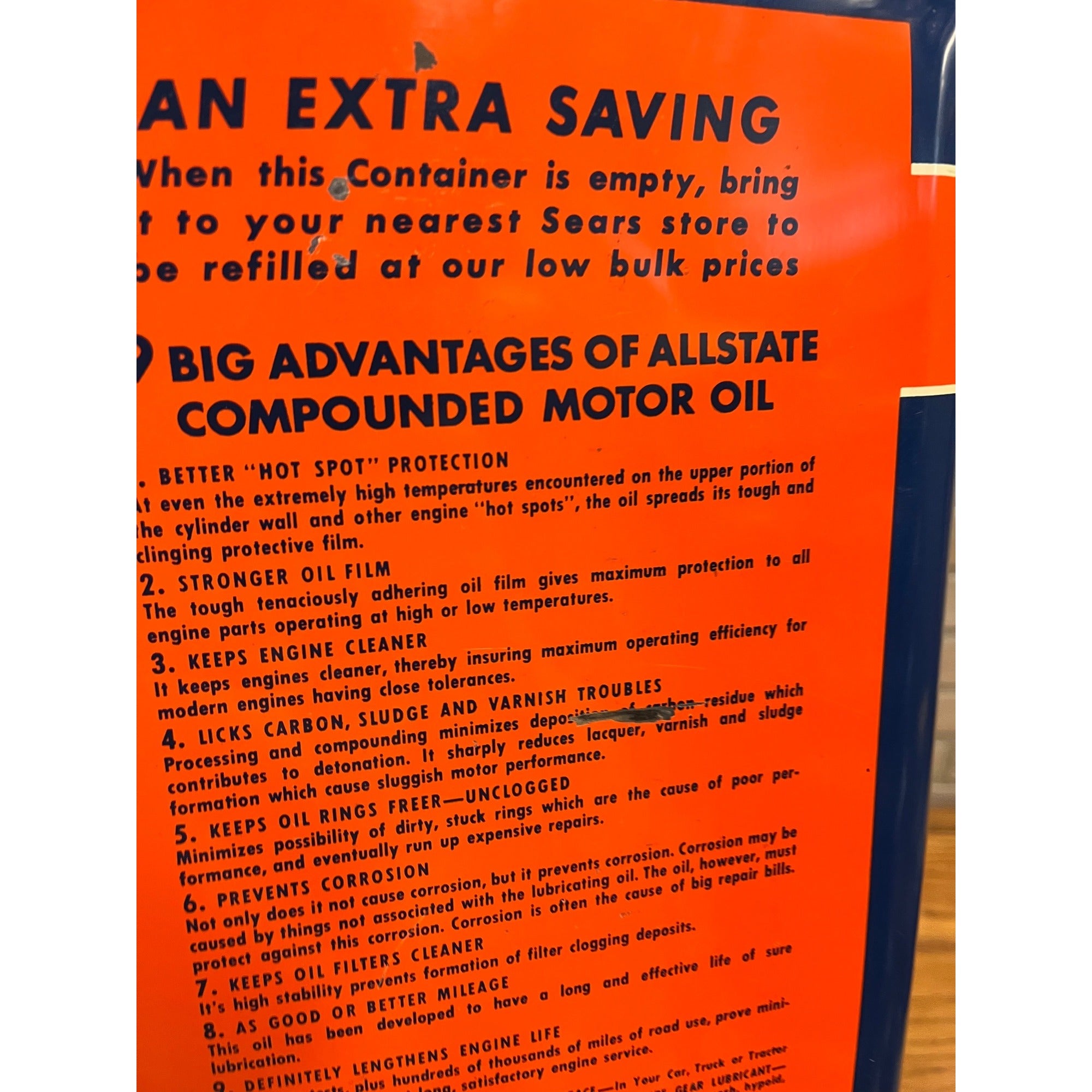 Vintage 1964 Allstate 10 Quarts Cross Country Heavy Duty Motor Oil 13" Can Sears