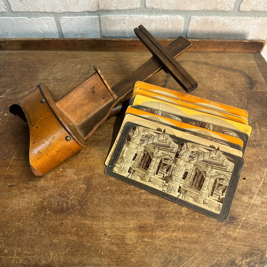 Antique c1880s Stereoscope Card Viewer w/ 20 Photo Cards - Wood + Brass