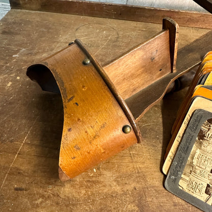 Antique c1880s Stereoscope Card Viewer w/ 20 Photo Cards - Wood + Brass