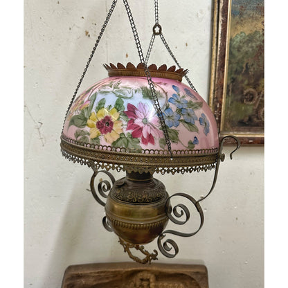 Antique 1800s Bradley & Hubbard Hanging Adjustable Parlor Oil Lamp w/ Pink Floral Shade