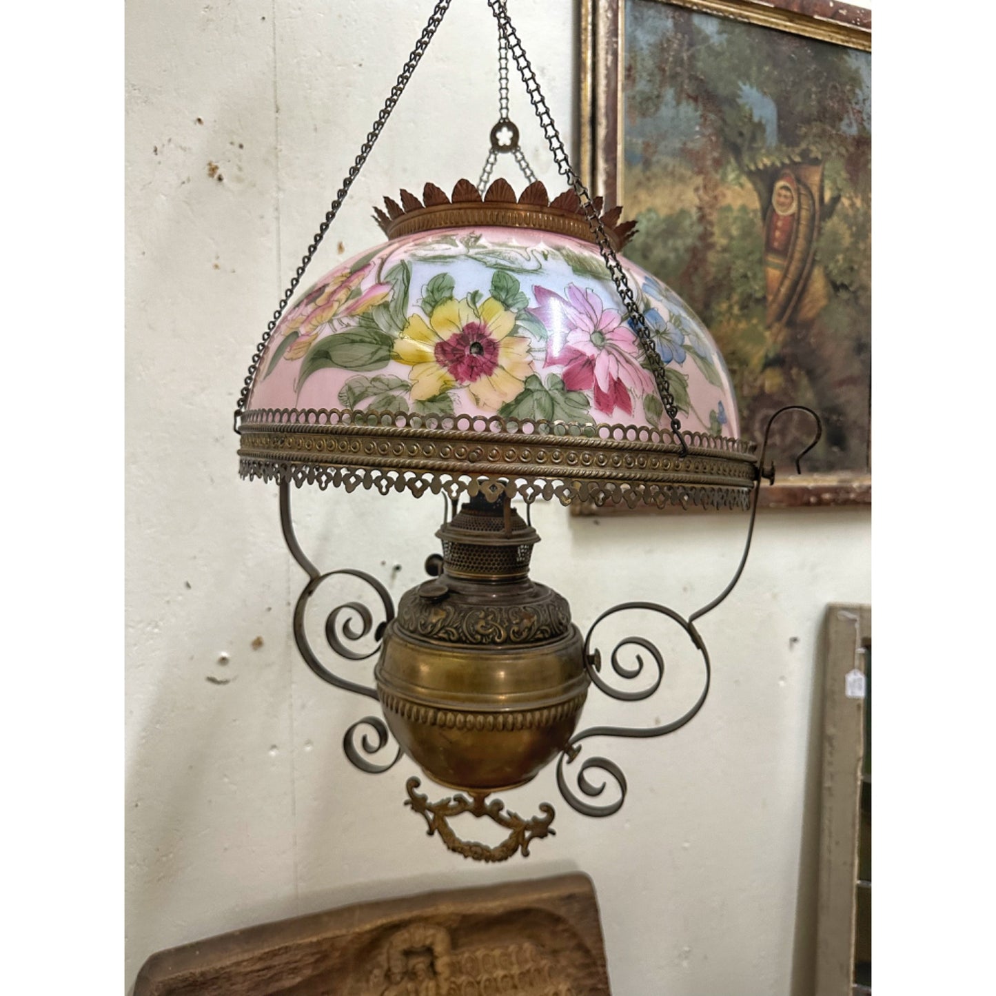 Antique 1800s Bradley & Hubbard Hanging Adjustable Parlor Oil Lamp w/ Pink Floral Shade