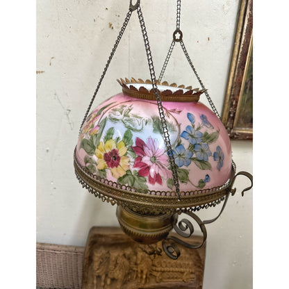 Antique 1800s Bradley & Hubbard Hanging Adjustable Parlor Oil Lamp w/ Pink Floral Shade