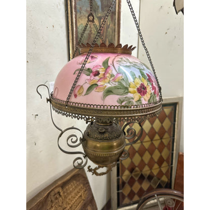 Antique 1800s Bradley & Hubbard Hanging Adjustable Parlor Oil Lamp w/ Pink Floral Shade