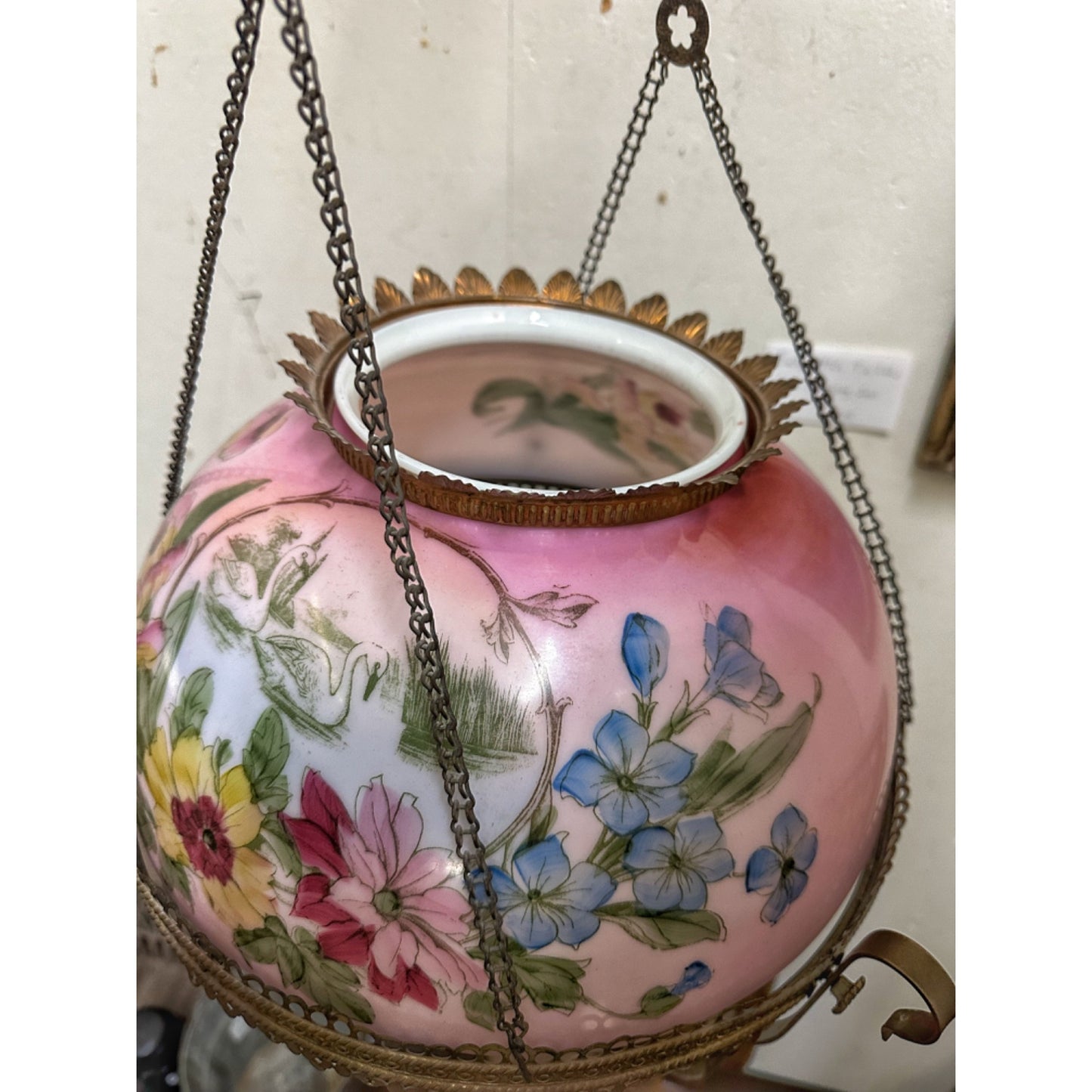 Antique 1800s Bradley & Hubbard Hanging Adjustable Parlor Oil Lamp w/ Pink Floral Shade