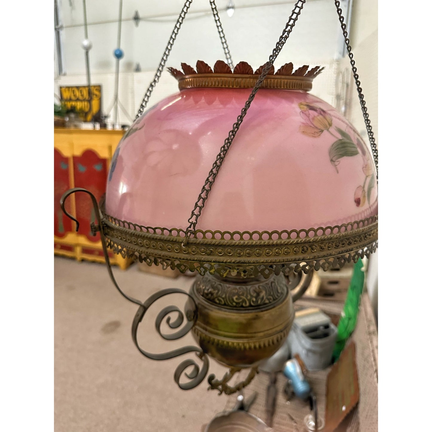 Antique 1800s Bradley & Hubbard Hanging Adjustable Parlor Oil Lamp w/ Pink Floral Shade