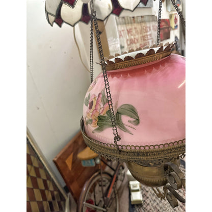 Antique 1800s Bradley & Hubbard Hanging Adjustable Parlor Oil Lamp w/ Pink Floral Shade