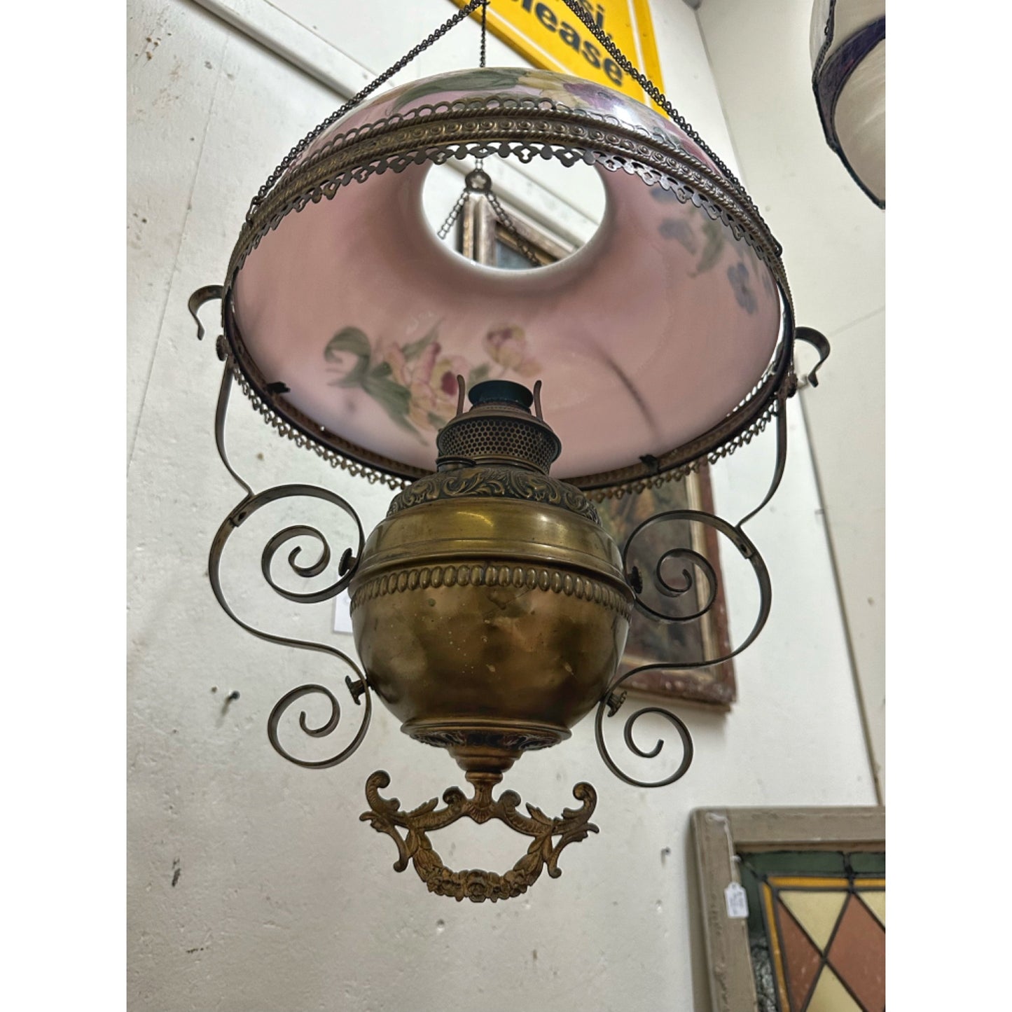 Antique 1800s Bradley & Hubbard Hanging Adjustable Parlor Oil Lamp w/ Pink Floral Shade