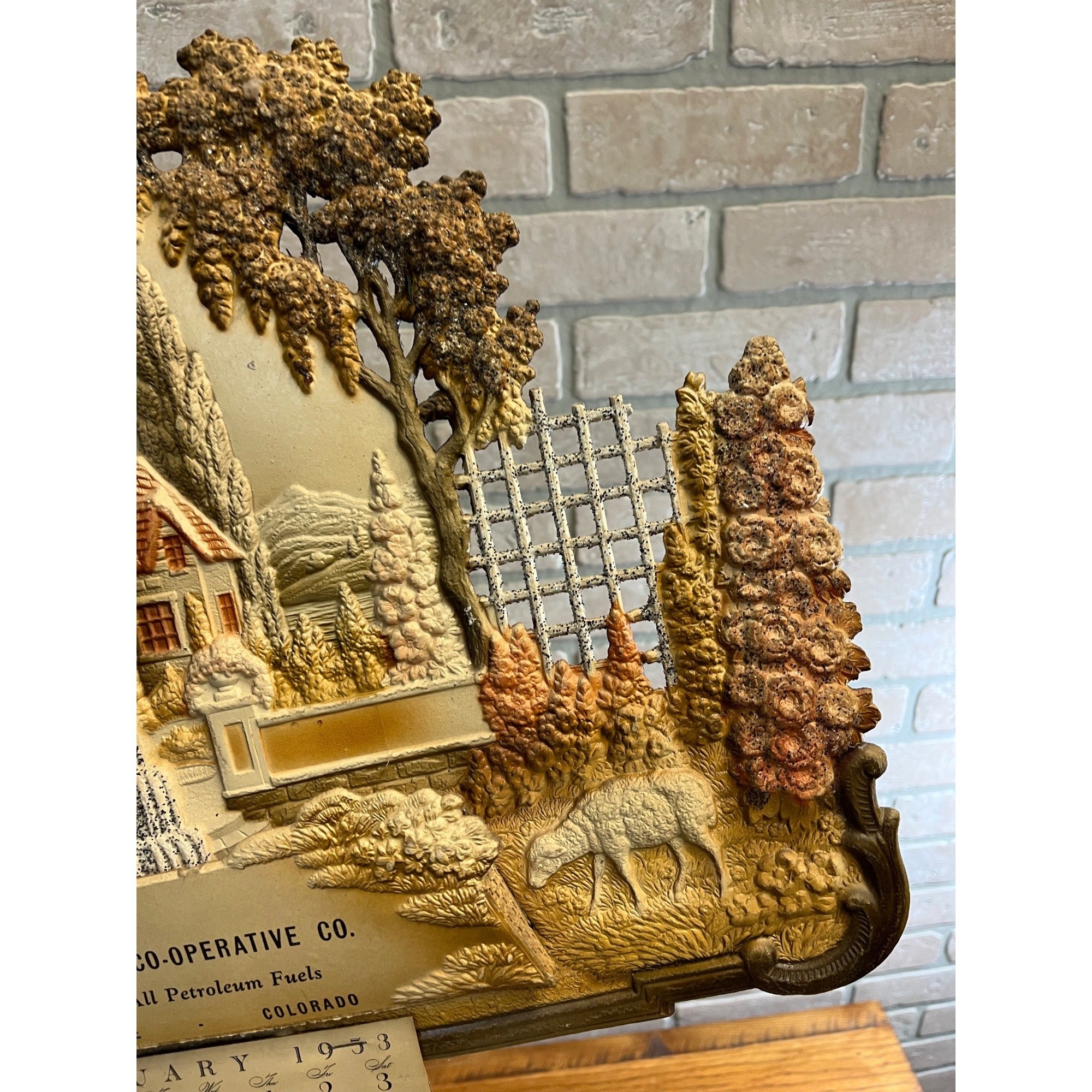 German Victorian Advertising Diecut Calendar Sign Meadowville CO Kirk