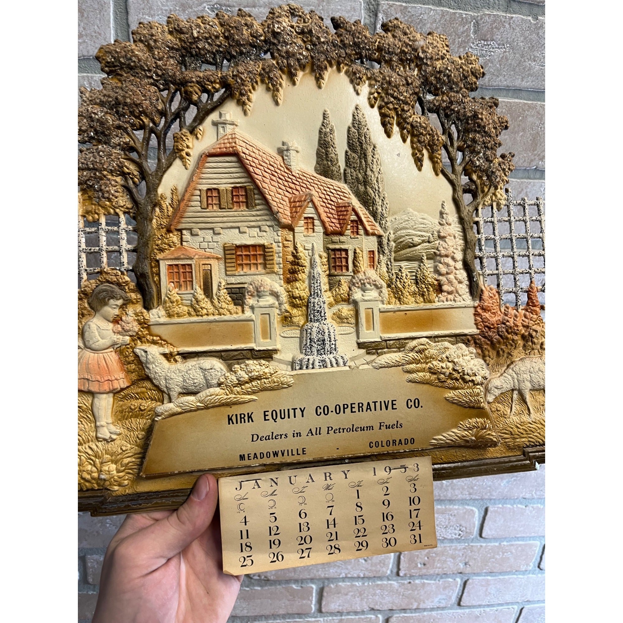 German Victorian Advertising Diecut Calendar Sign Meadowville CO Kirk