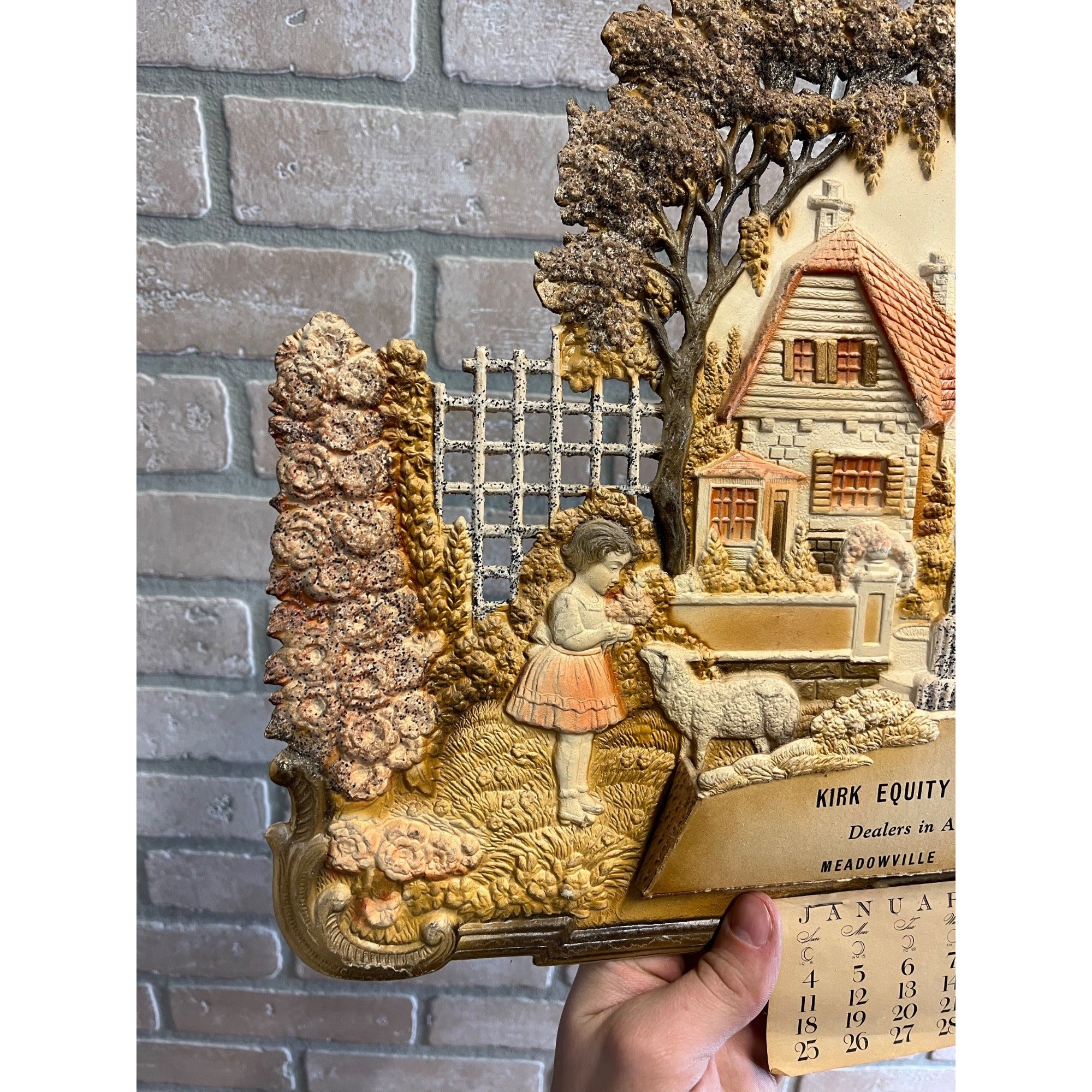 German Victorian Advertising Diecut Calendar Sign Meadowville CO Kirk