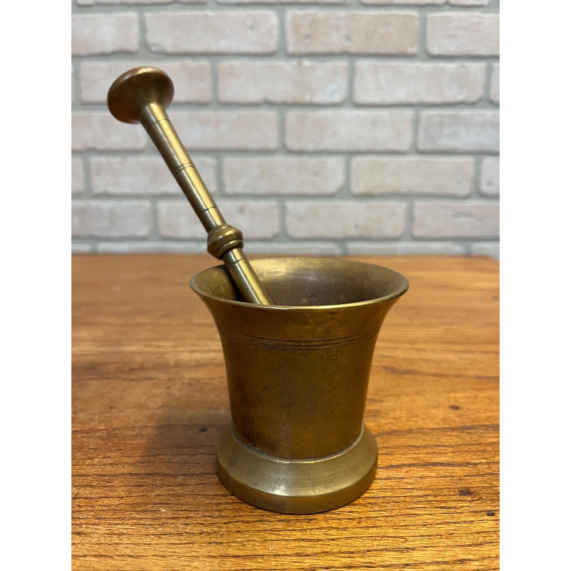 Vintage Solid Brass Mortar and Pestle Set Banded Decoration