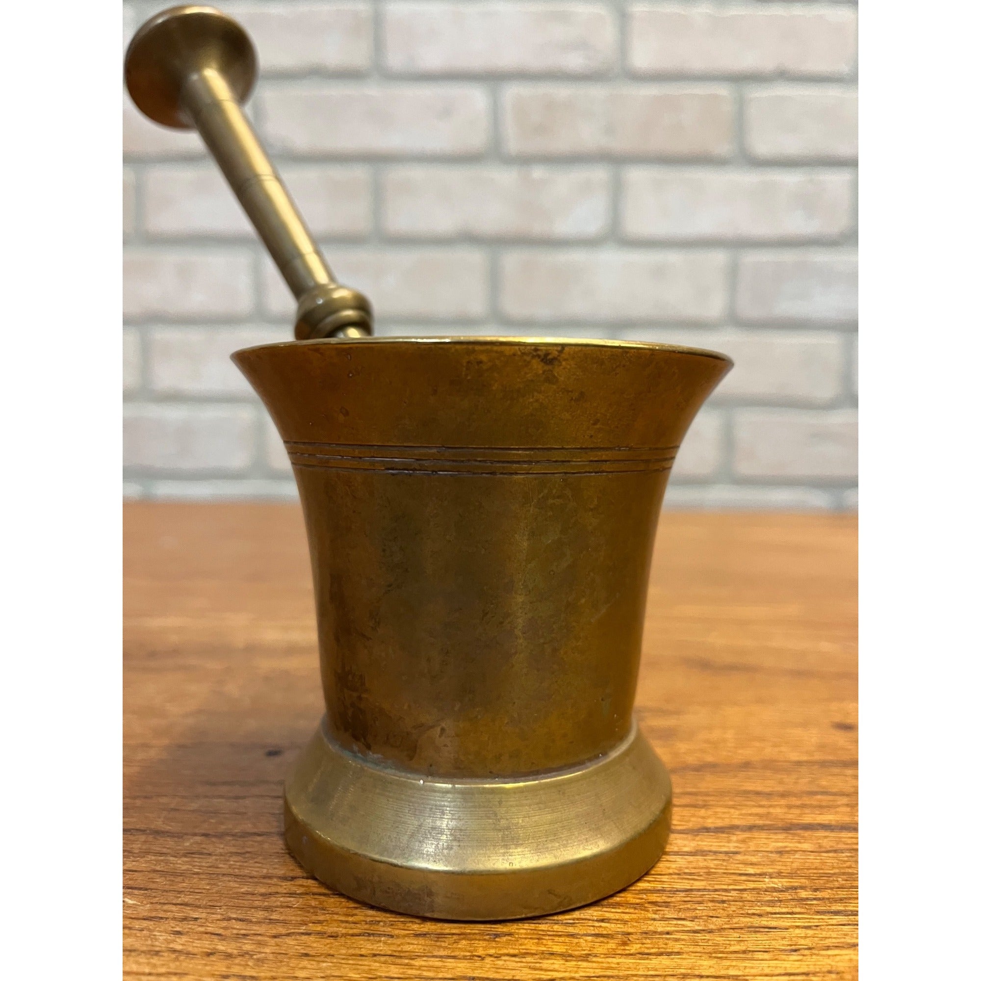 Vintage Solid Brass Mortar and Pestle Set Banded Decoration