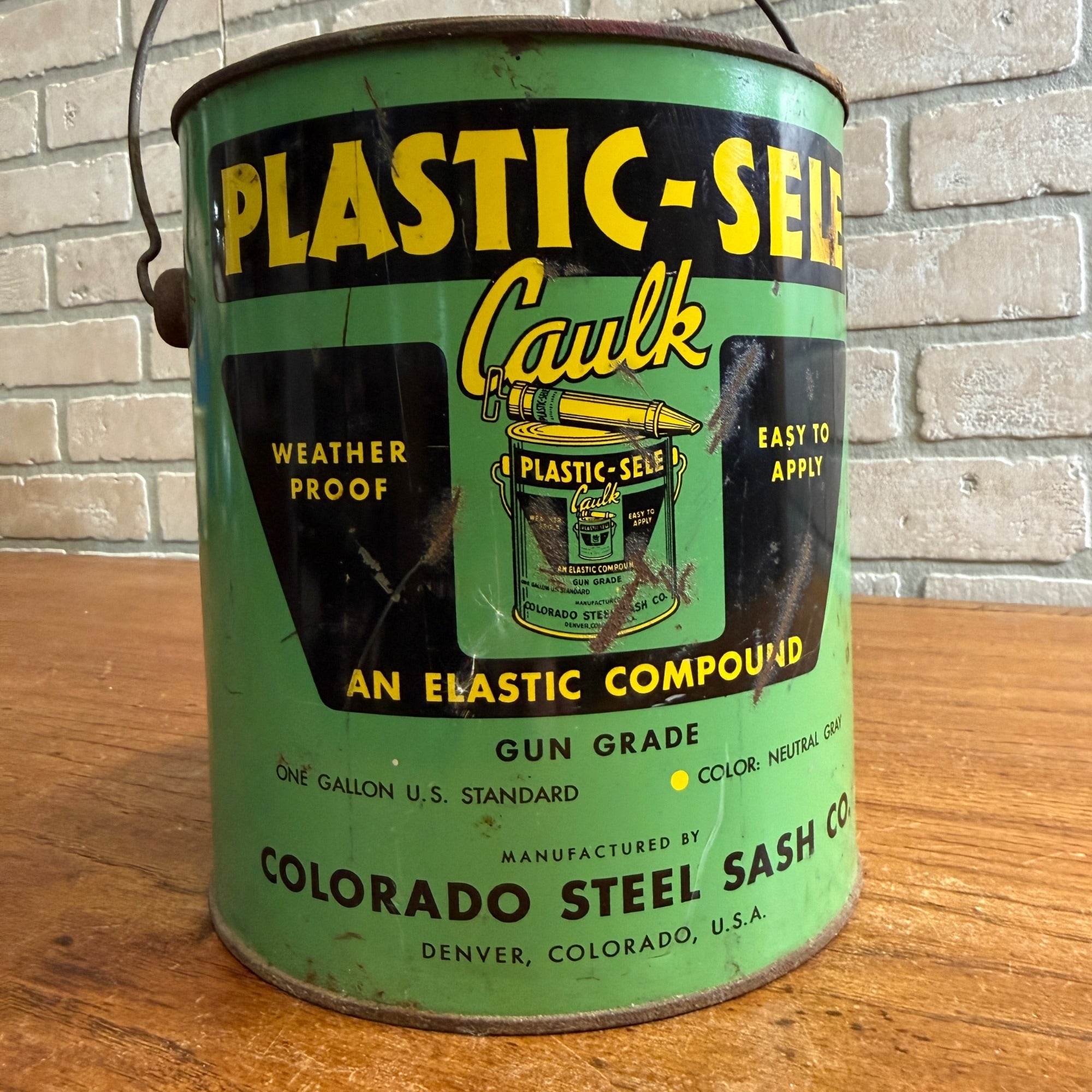 Vintage 1940s Plastic-Sele Colorado Steel Sash Co. Denver Advertising Pail Tin Can