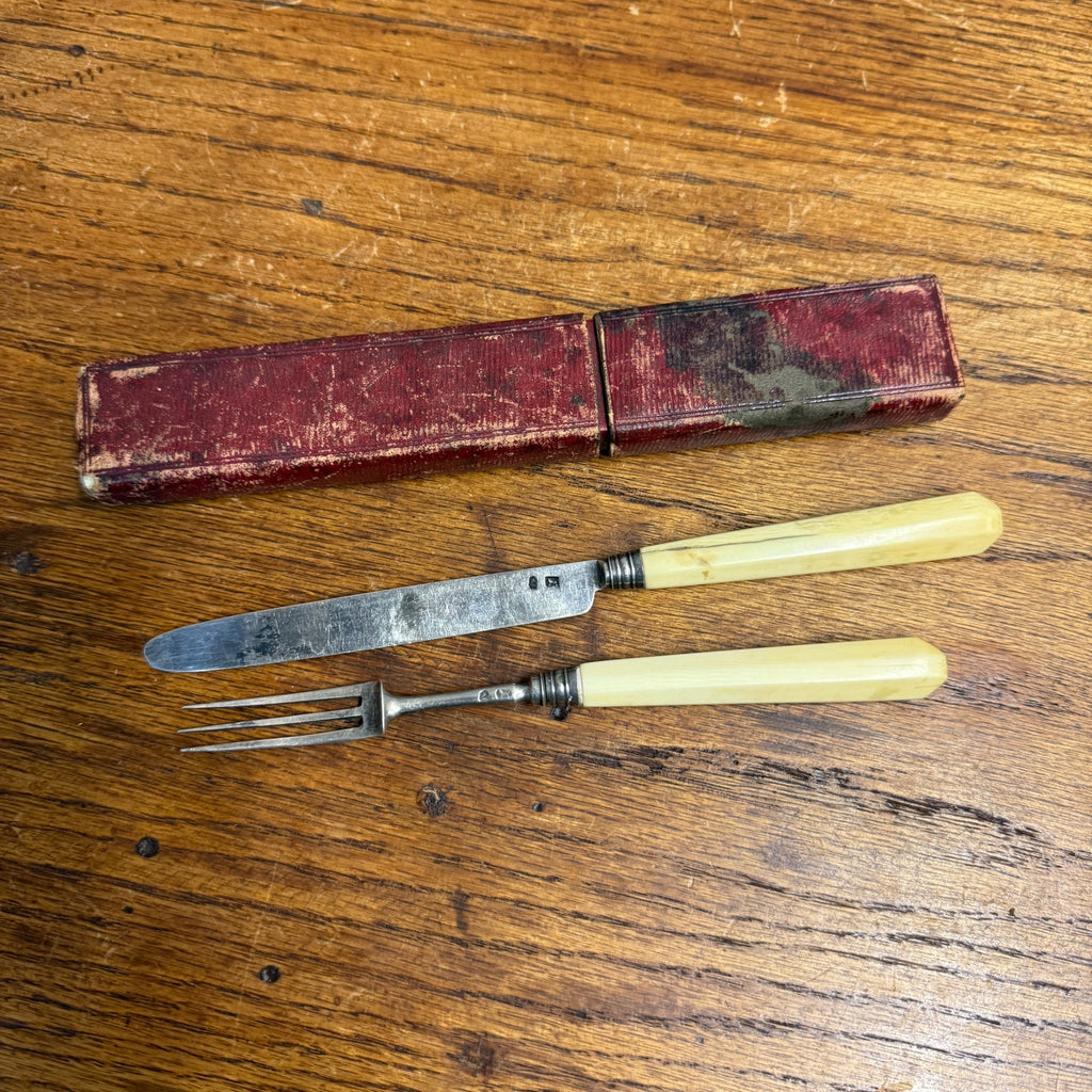 Early Hallmarked Flatware Knife & Fork W/ Case Bone Handle