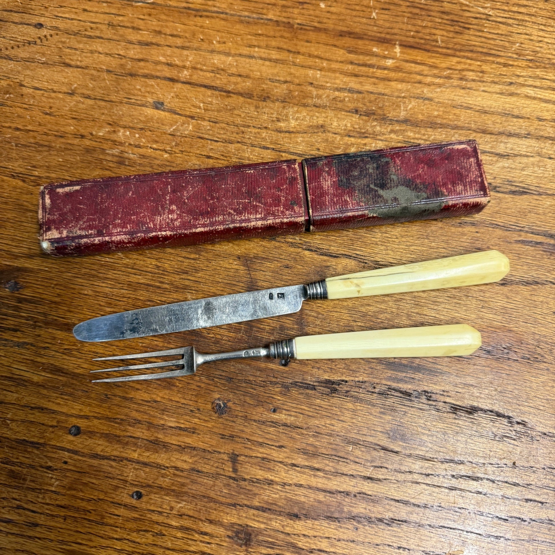 Early Hallmarked Flatware Knife & Fork W/ Case Bone Handle