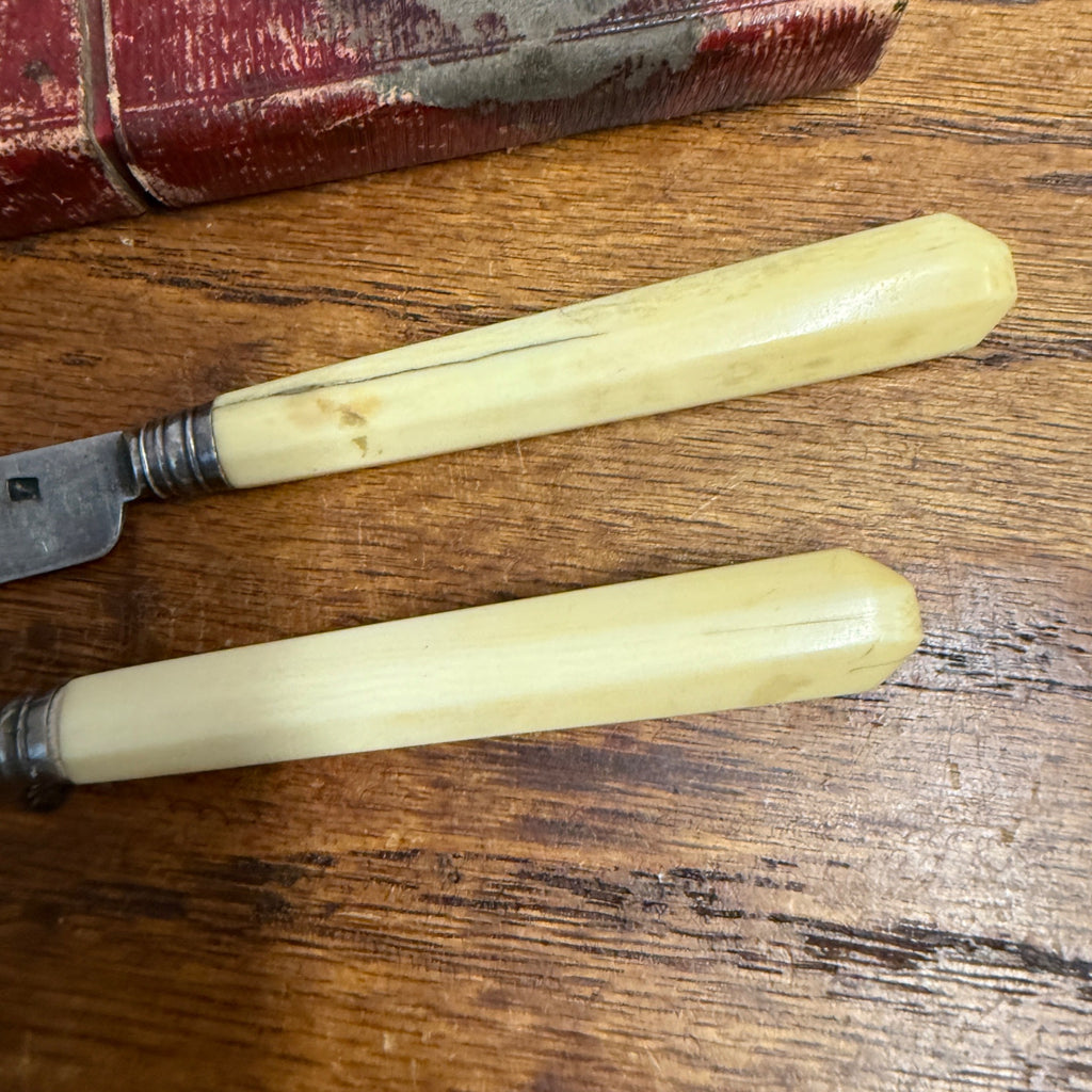 Early Hallmarked Flatware Knife & Fork W/ Case Bone Handle