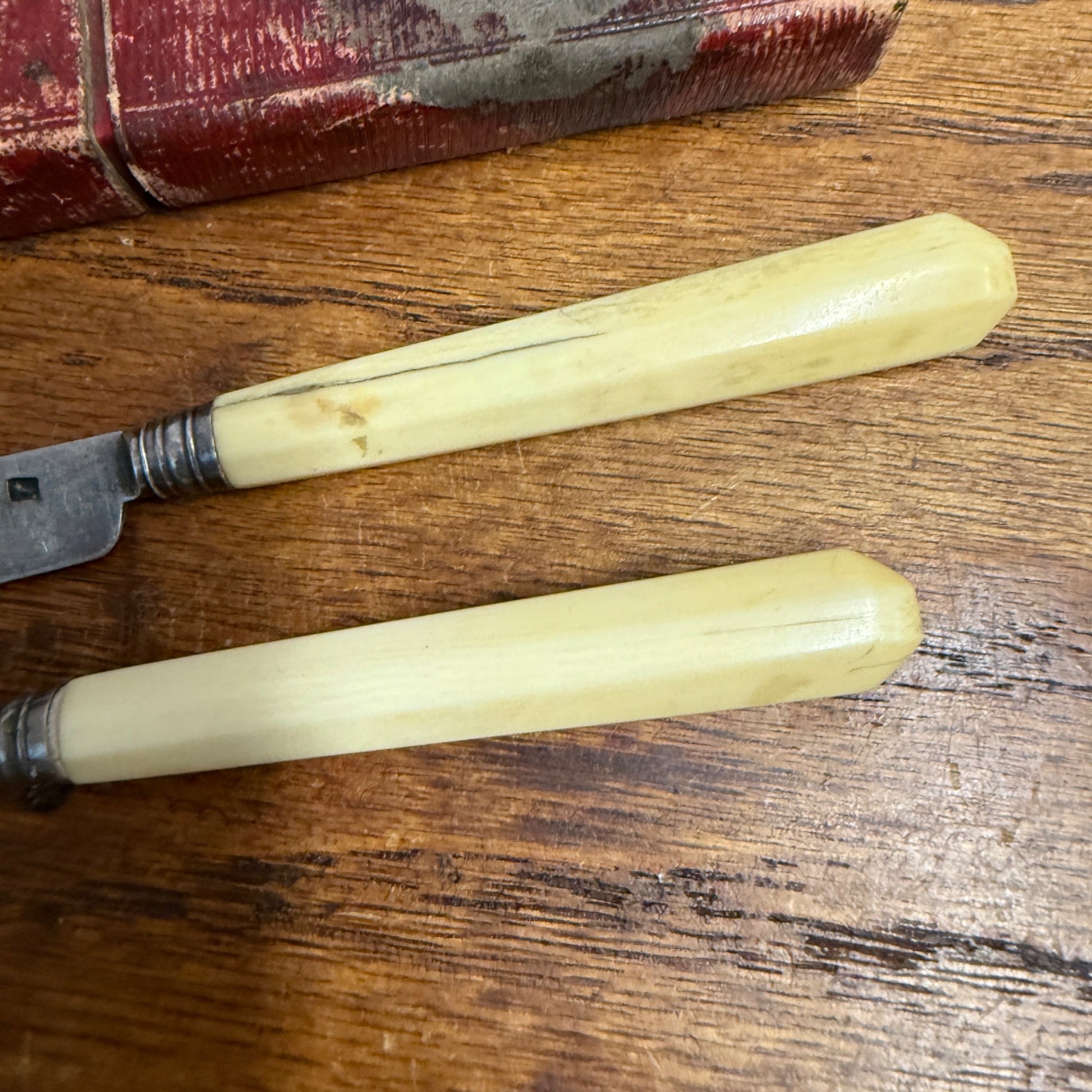 Early Hallmarked Flatware Knife & Fork W/ Case Bone Handle