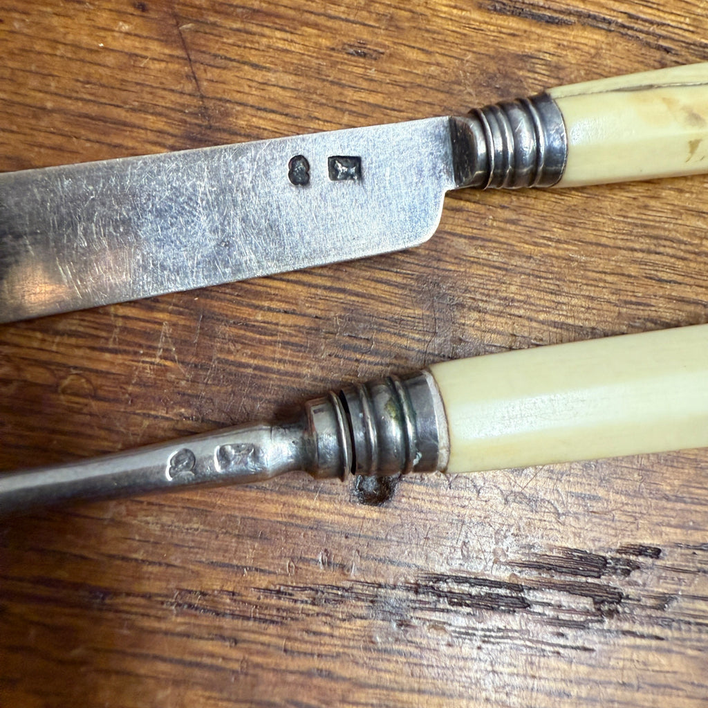 Early Hallmarked Flatware Knife & Fork W/ Case Bone Handle