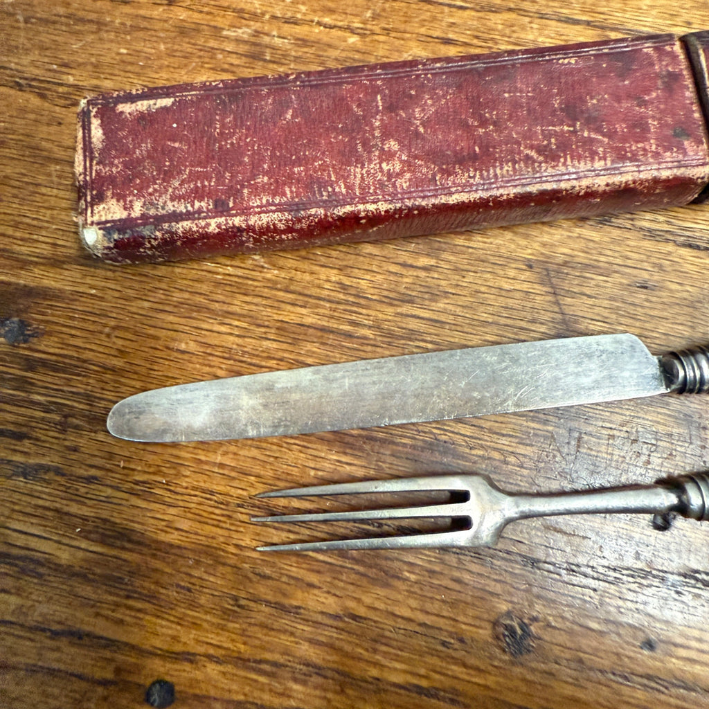 Early Hallmarked Flatware Knife & Fork W/ Case Bone Handle