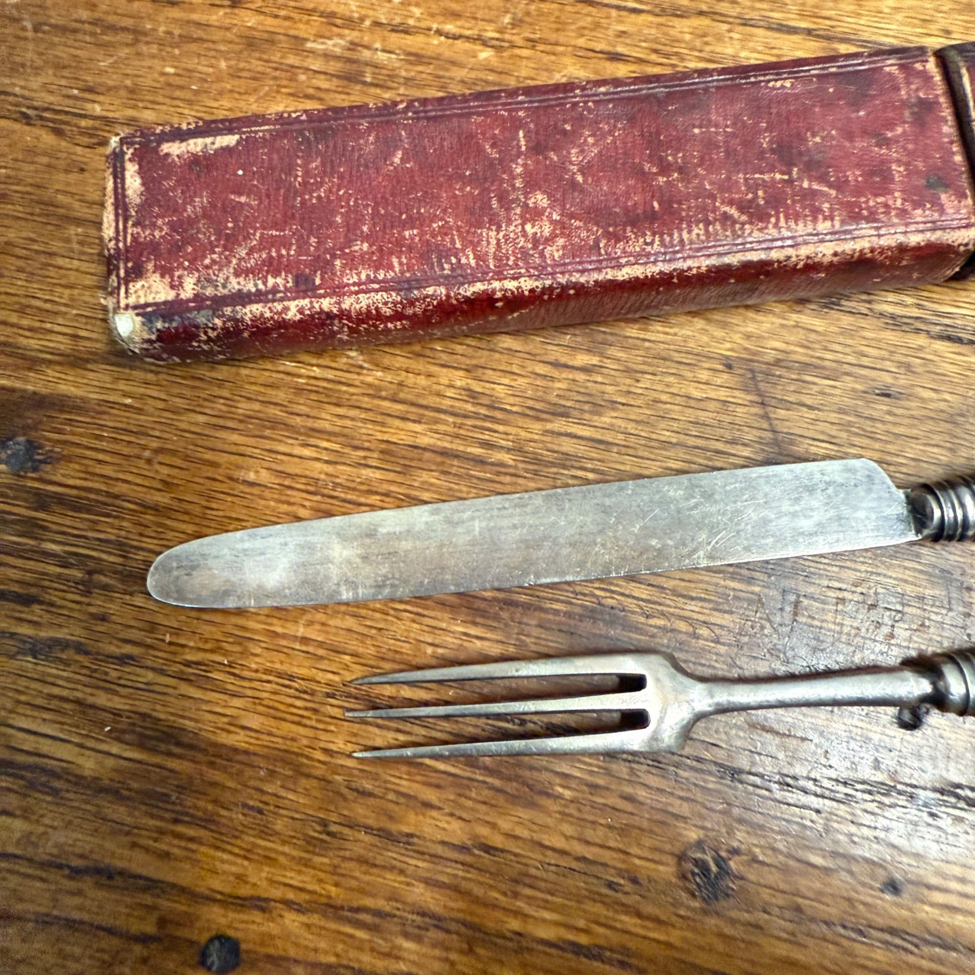 Early Hallmarked Flatware Knife & Fork W/ Case Bone Handle