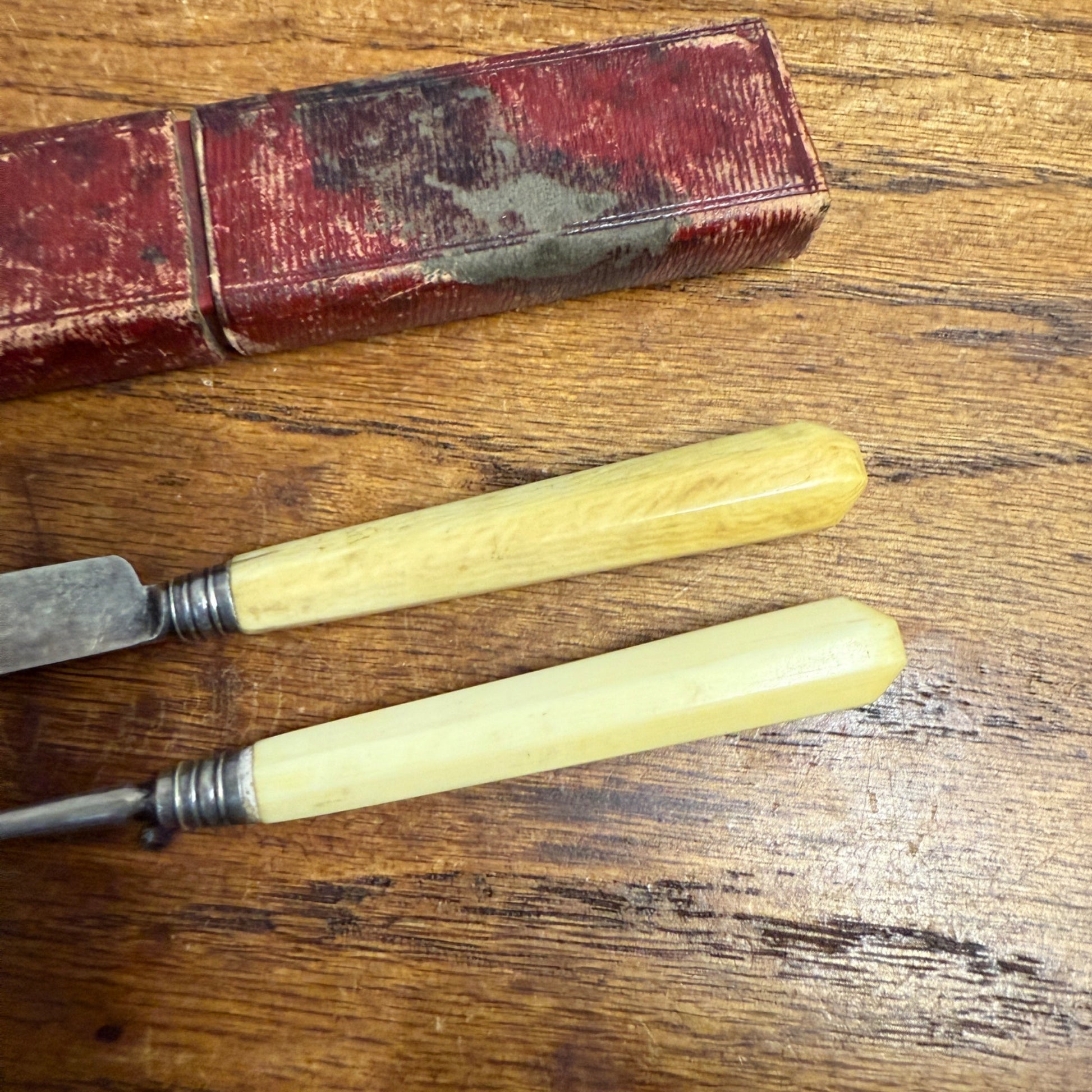 Early Hallmarked Flatware Knife & Fork W/ Case Bone Handle