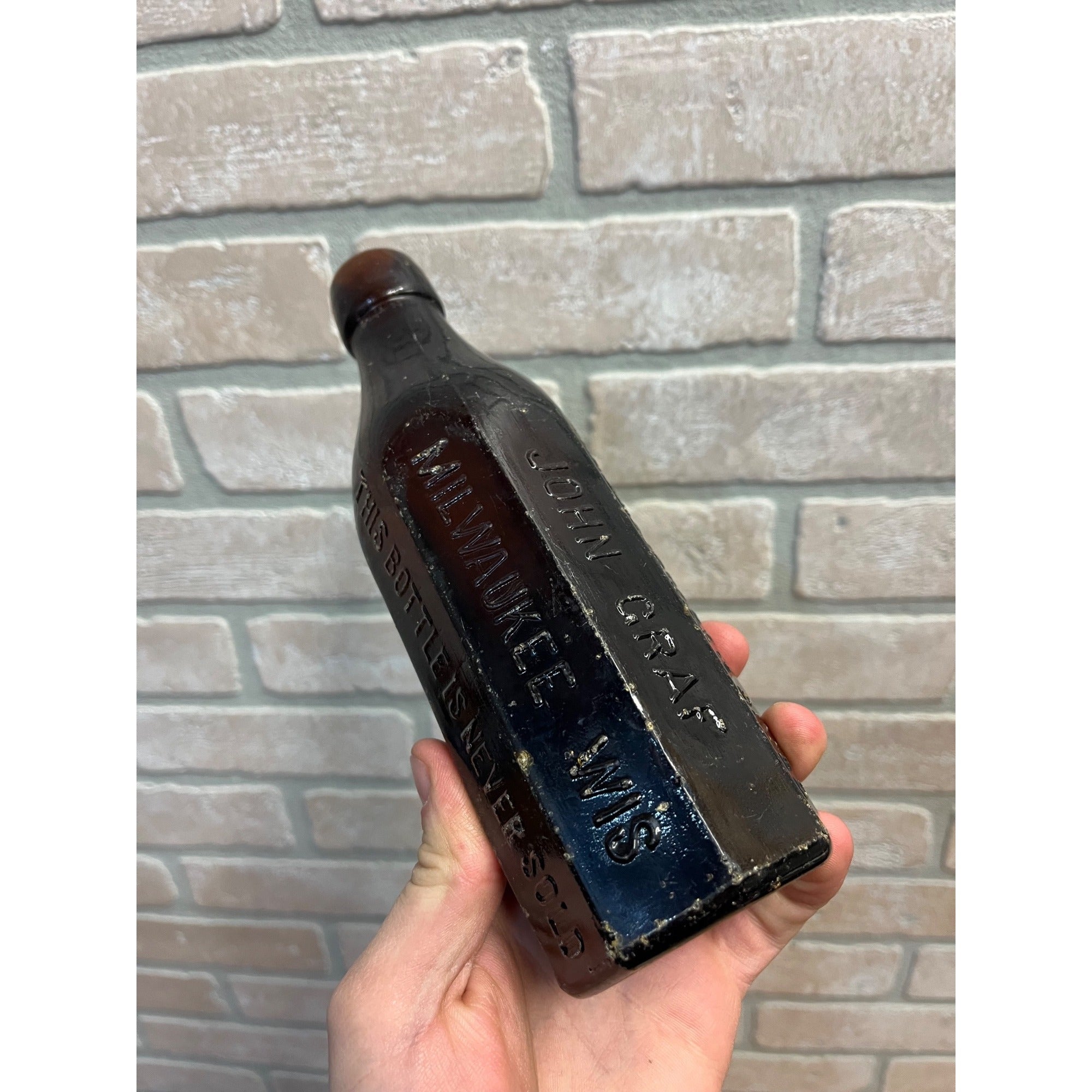 John Graf c1880s Milwaukee Wis Amber Brown Panel Soda Bottle Blob Top