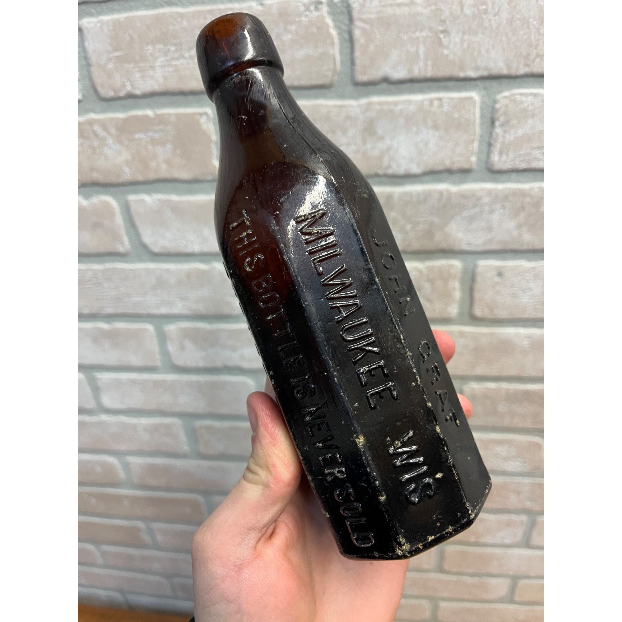 John Graf c1880s Milwaukee Wis Amber Brown Panel Soda Bottle Blob Top