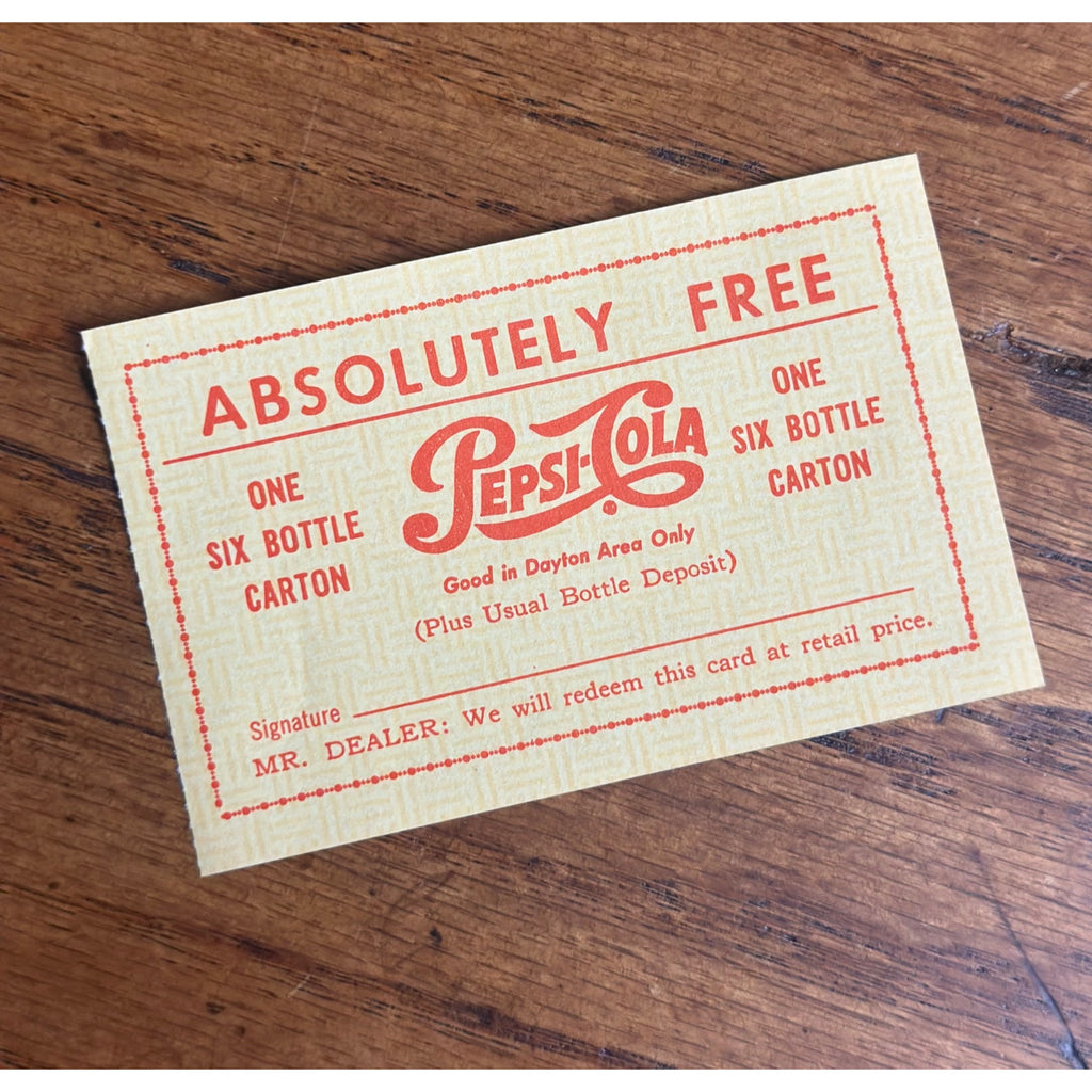 RARE Vintage 1950s Pepsi Cola Advertising Free Coupon Six-Pack Dealer