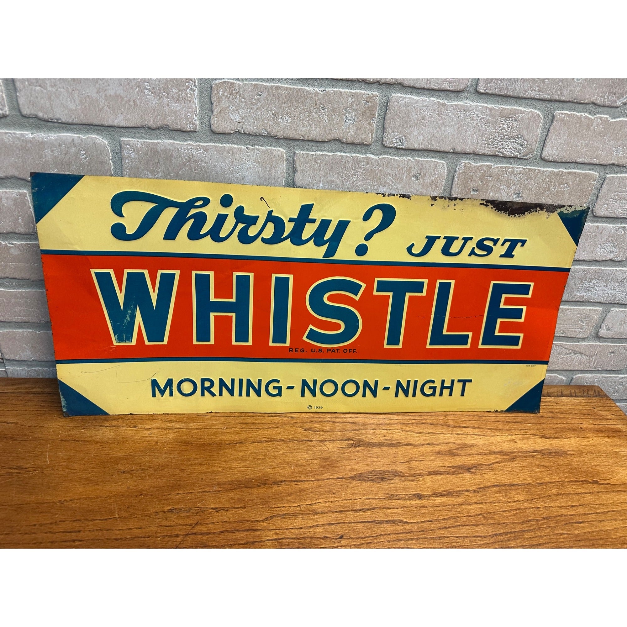 Vintage 1939 Whistle Soda Tin Embossed Soda Advertising Sign