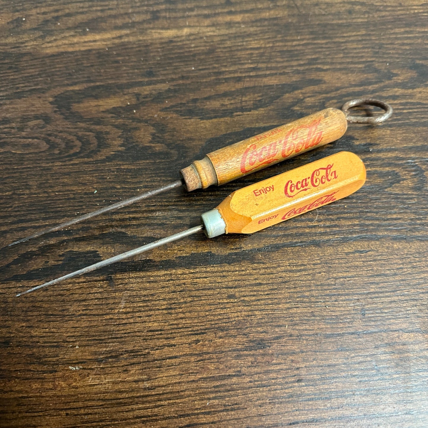 Vintage Drink Coca Cola Lot (2) Wooden Advertising Ice Picks Bottle Opener