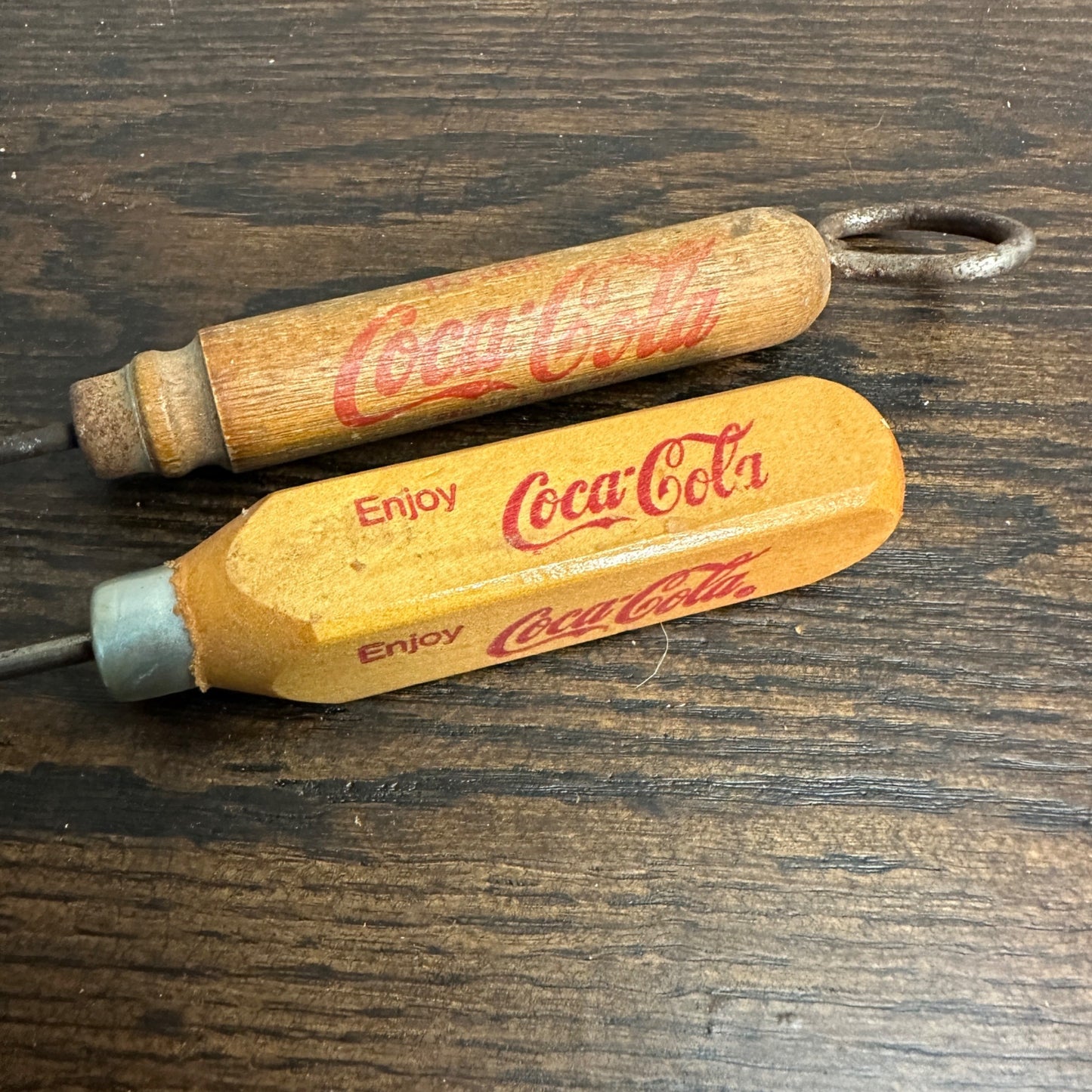 Vintage Drink Coca Cola Lot (2) Wooden Advertising Ice Picks Bottle Opener