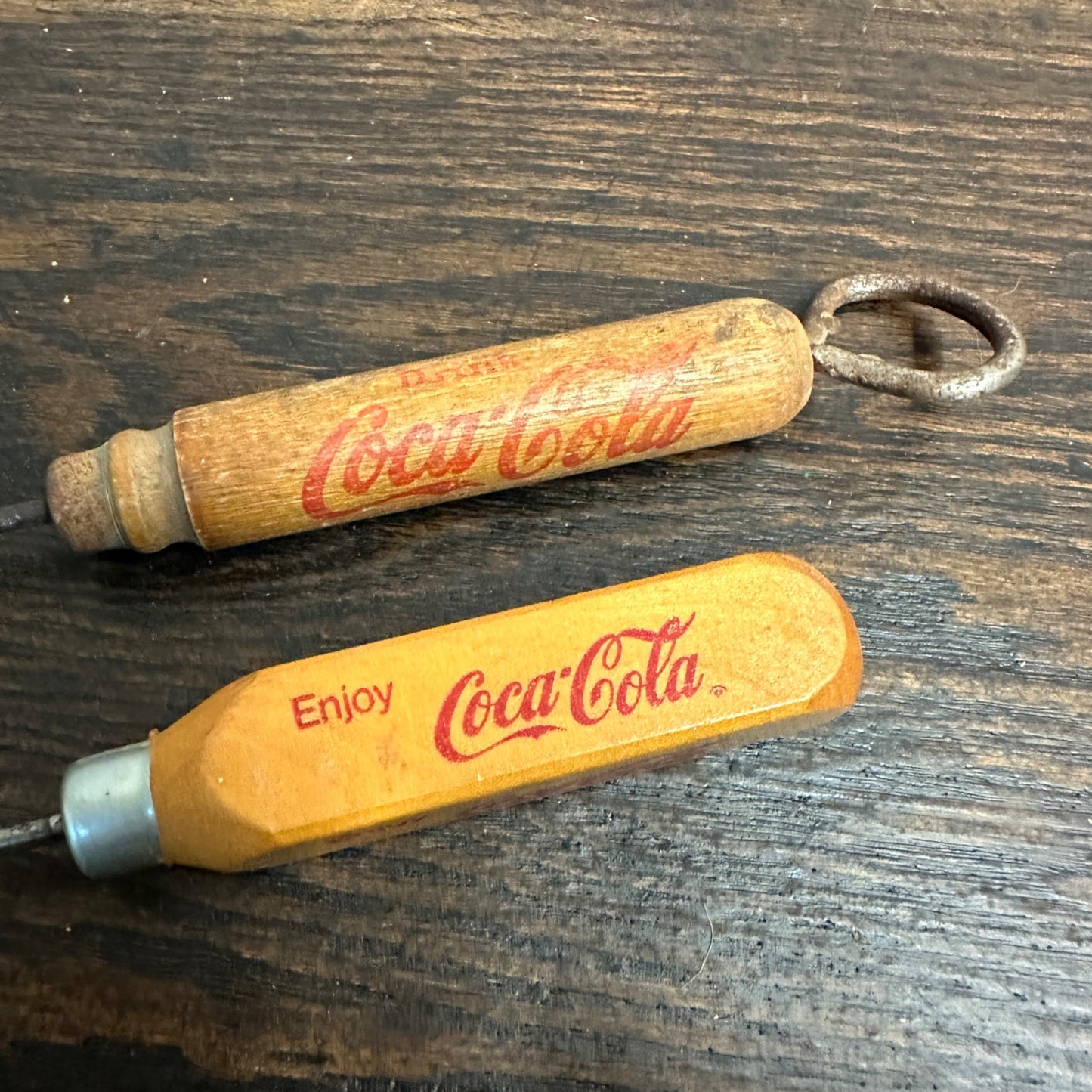 Vintage Drink Coca Cola Lot (2) Wooden Advertising Ice Picks Bottle Opener