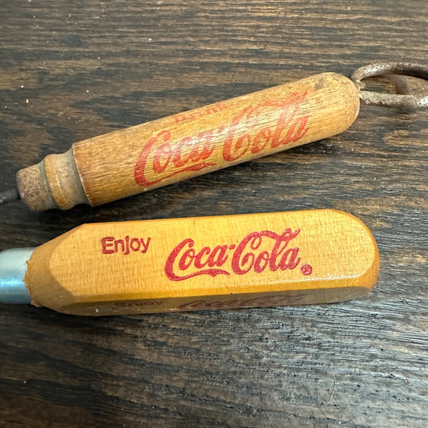 Vintage Drink Coca Cola Lot (2) Wooden Advertising Ice Picks Bottle Opener