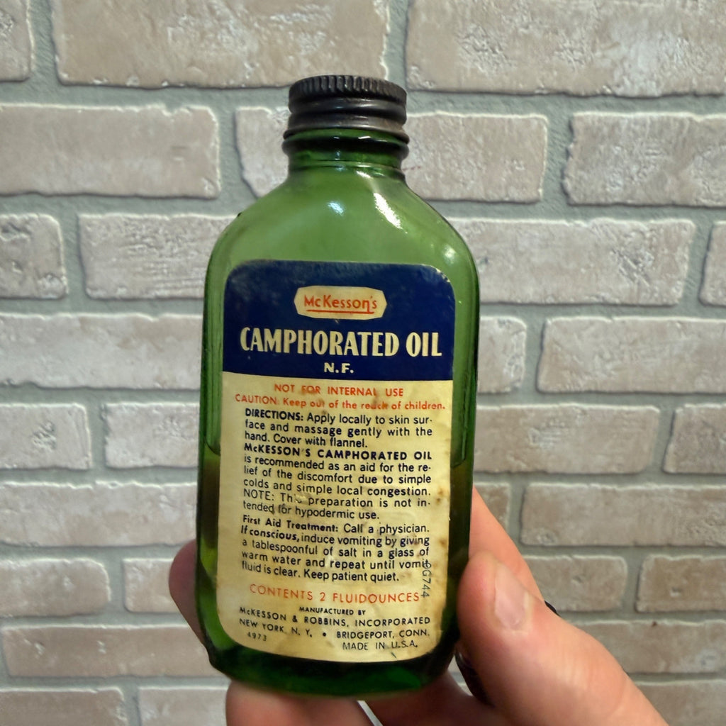 Vintage Green Glass McKesson's Camphorated Oil Bottle, Two Fluid Ounces Pharmacy Apothecary USA