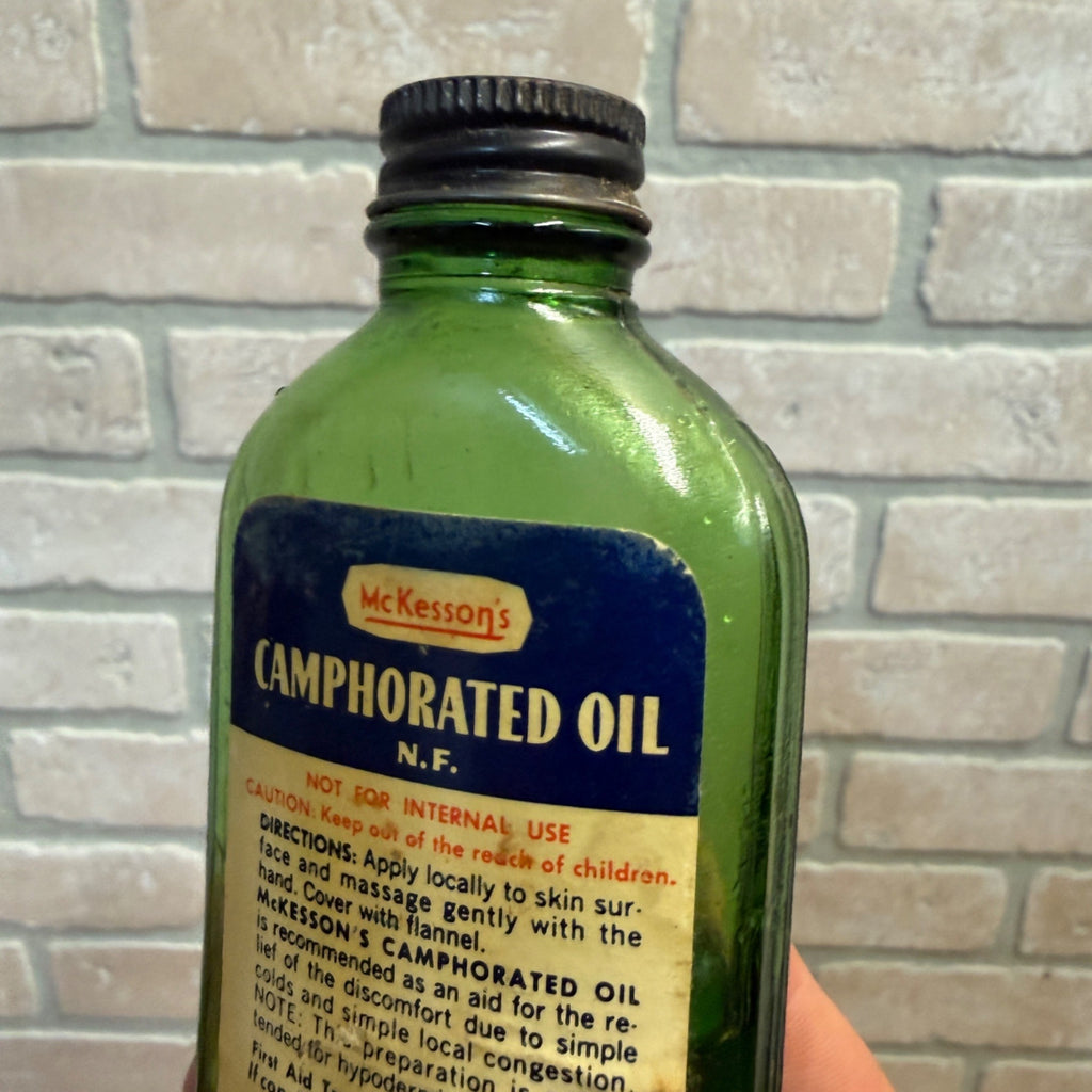 Vintage Green Glass McKesson's Camphorated Oil Bottle, Two Fluid Ounces Pharmacy Apothecary USA