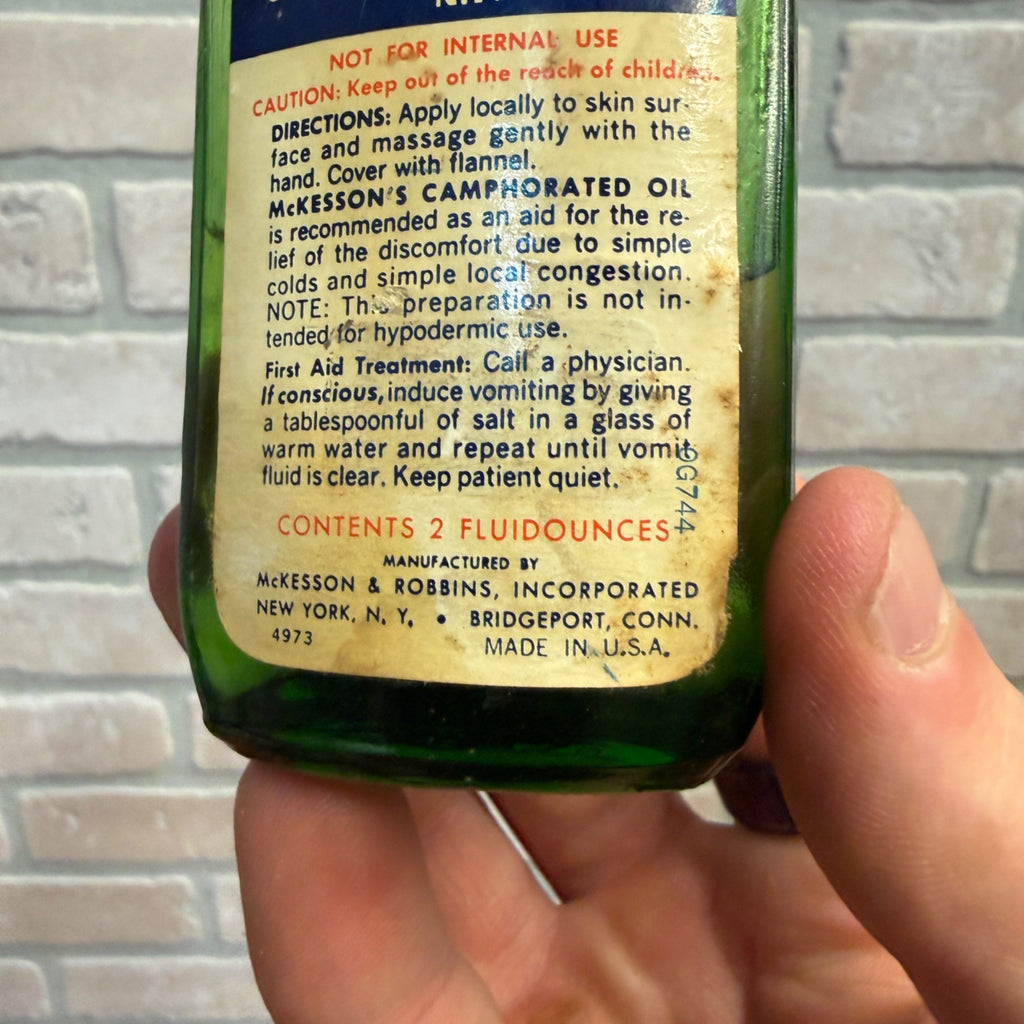 Vintage Green Glass McKesson's Camphorated Oil Bottle, Two Fluid Ounces Pharmacy Apothecary USA