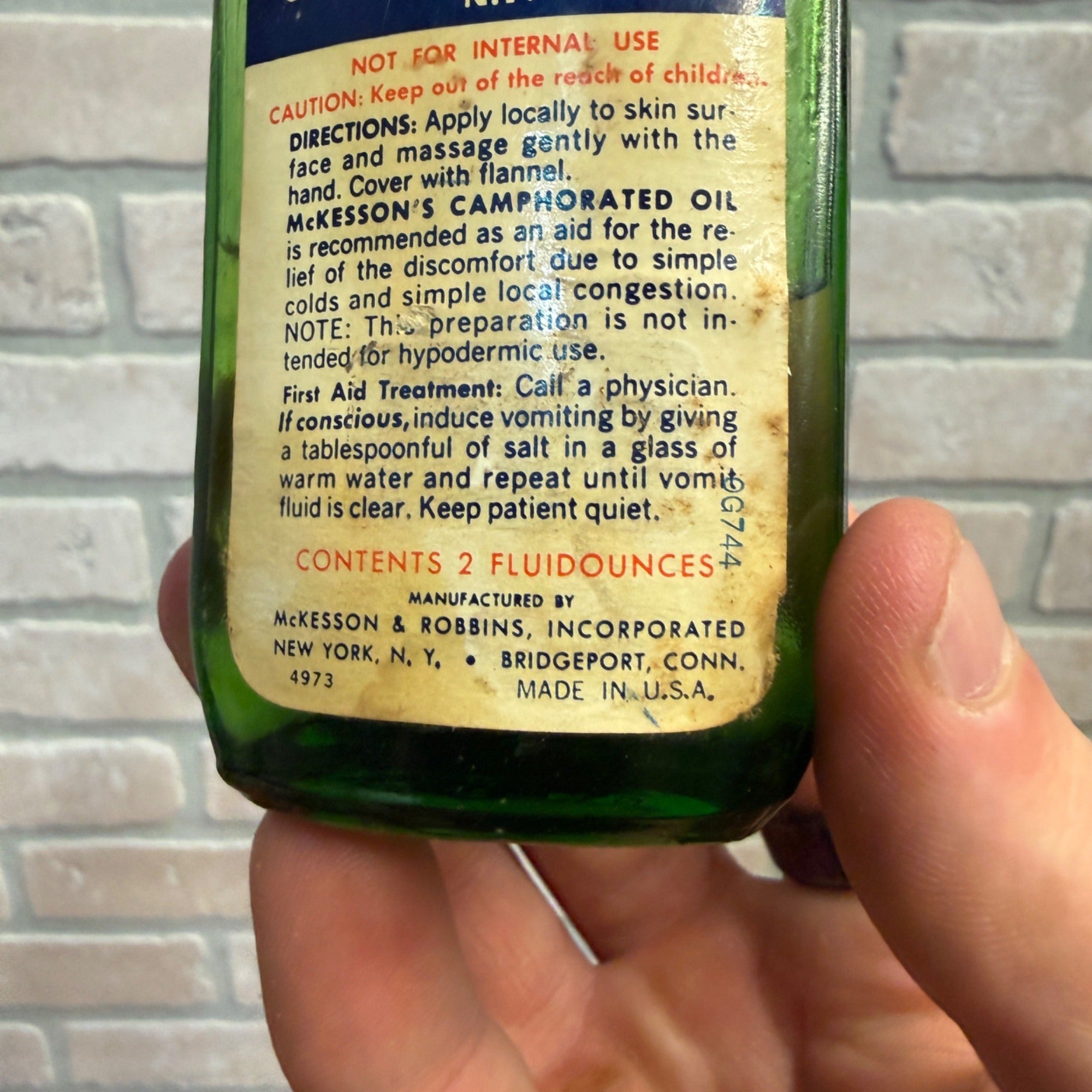 Vintage Green Glass McKesson's Camphorated Oil Bottle, Two Fluid Ounces Pharmacy Apothecary USA