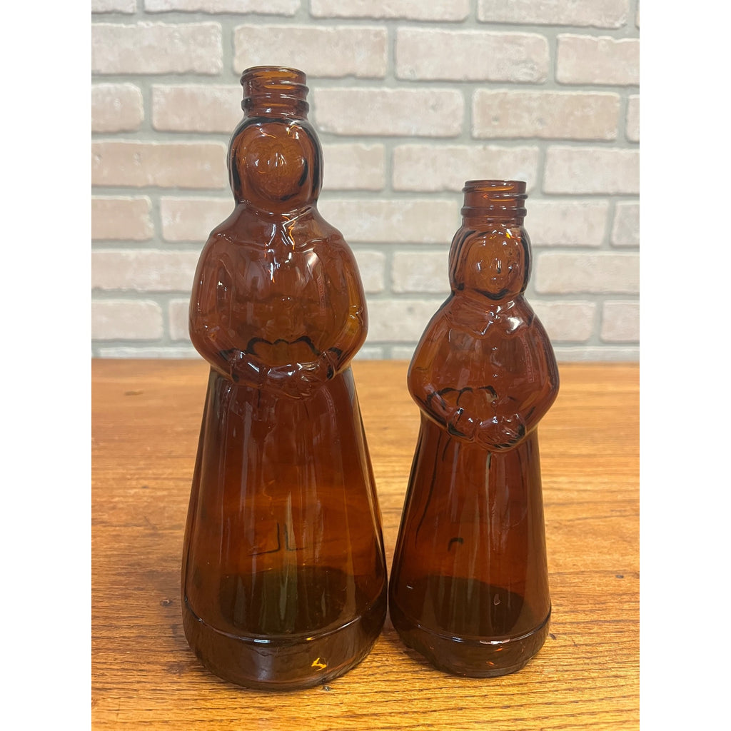 Vintage Mrs Buttersworth Maple Syrup Amber Glass Bottles Lot (2) 10” & 8.5"