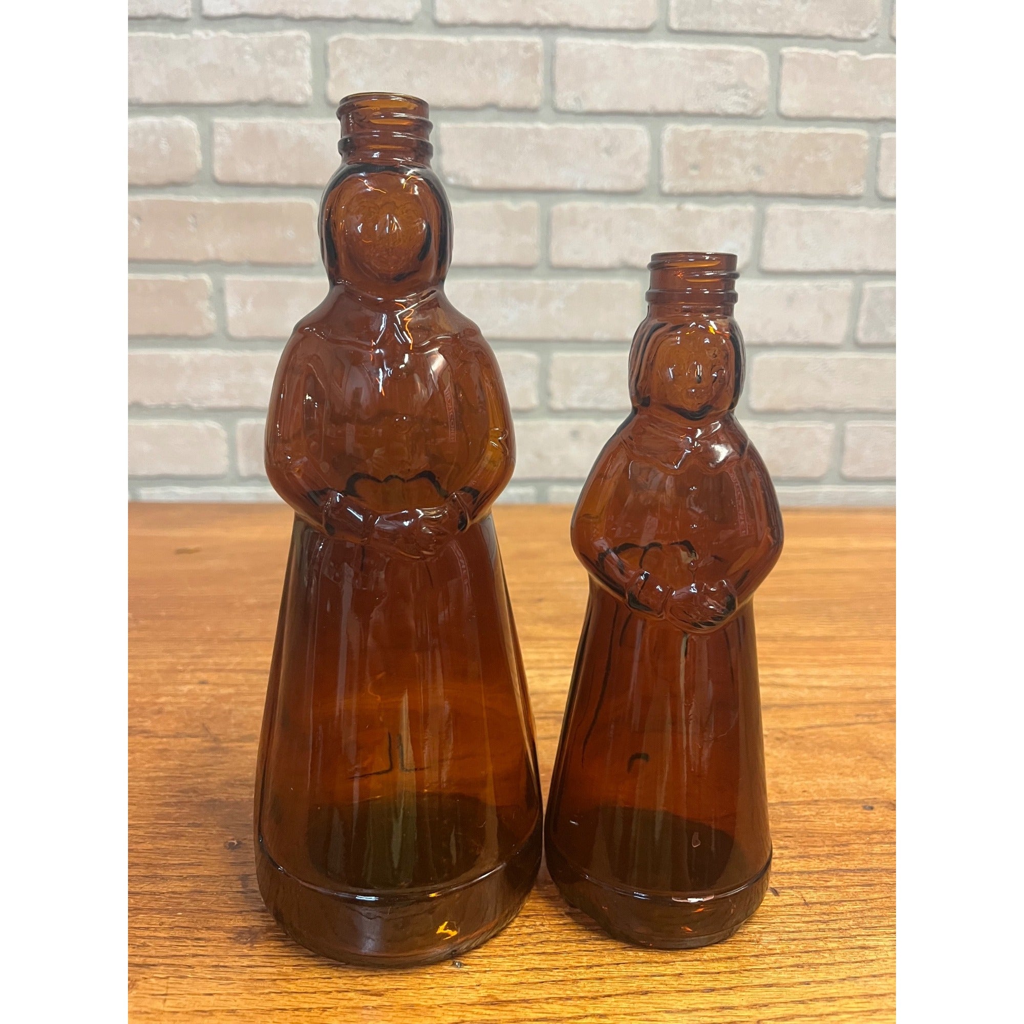 Vintage Mrs Buttersworth Maple Syrup Amber Glass Bottles Lot (2) 10” & 8.5"