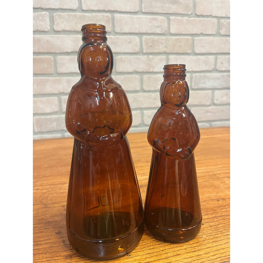 Vintage Mrs Buttersworth Maple Syrup Amber Glass Bottles Lot (2) 10” & 8.5"