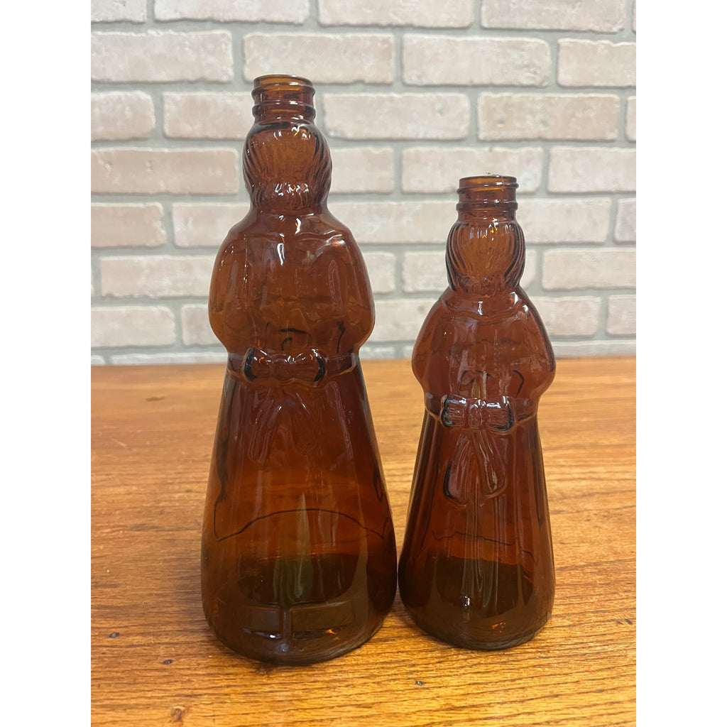 Vintage Mrs Buttersworth Maple Syrup Amber Glass Bottles Lot (2) 10” & 8.5"