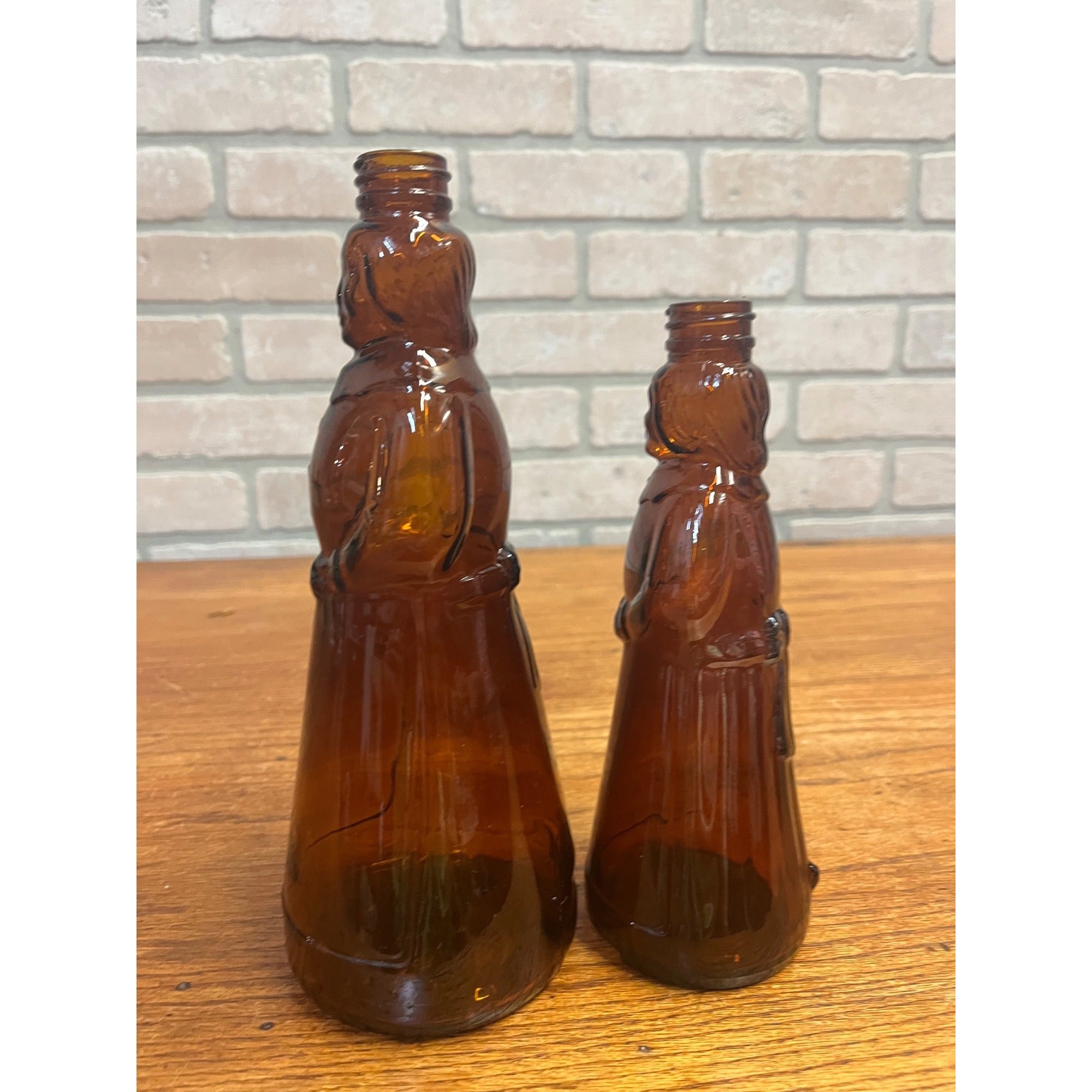 Vintage Mrs Buttersworth Maple Syrup Amber Glass Bottles Lot (2) 10” & 8.5"