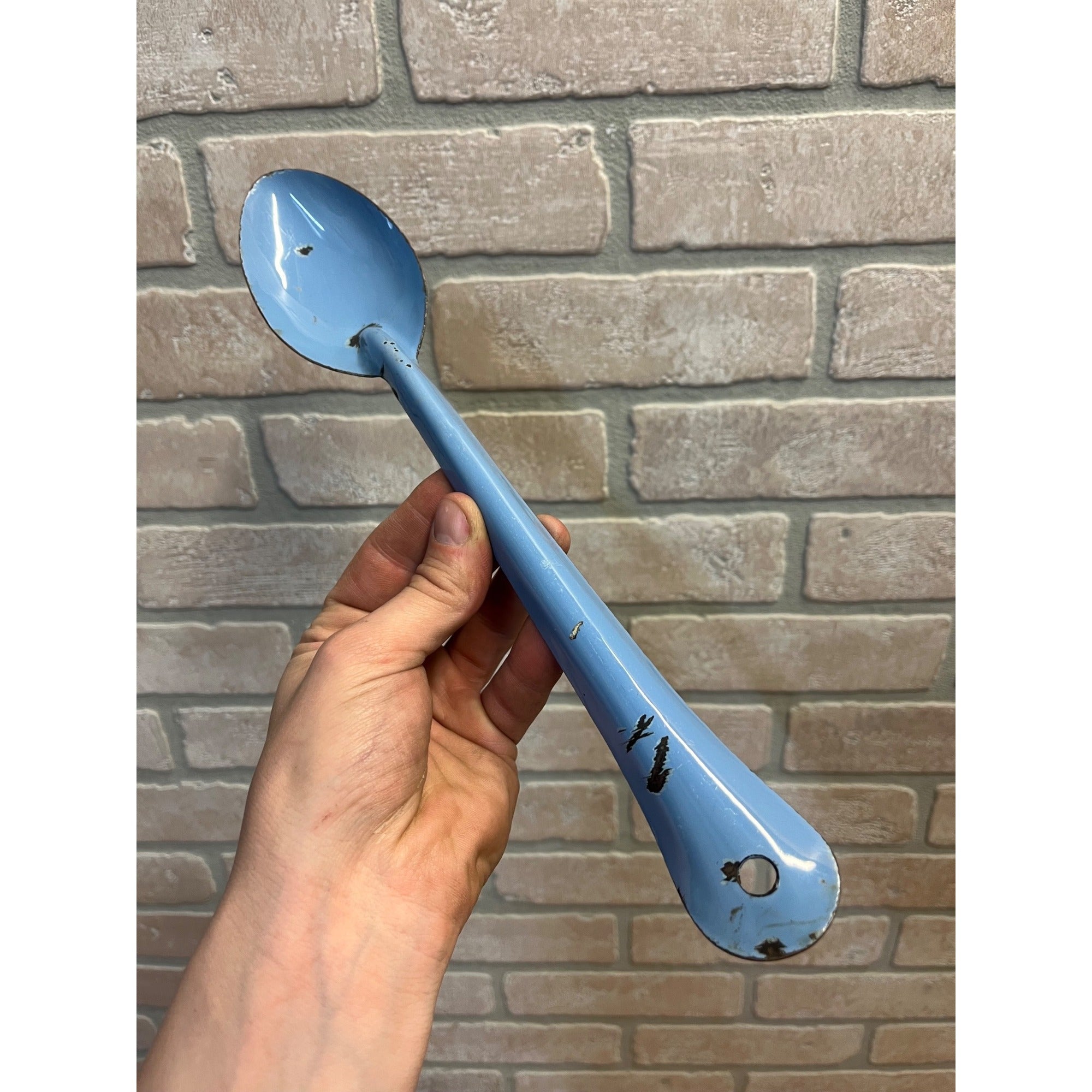 Antique Primitive Light Blue Graniteware Solid Pot Spoon Farmhouse Decor