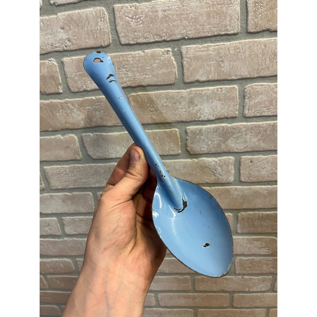 Antique Primitive Light Blue Graniteware Solid Pot Spoon Farmhouse Decor