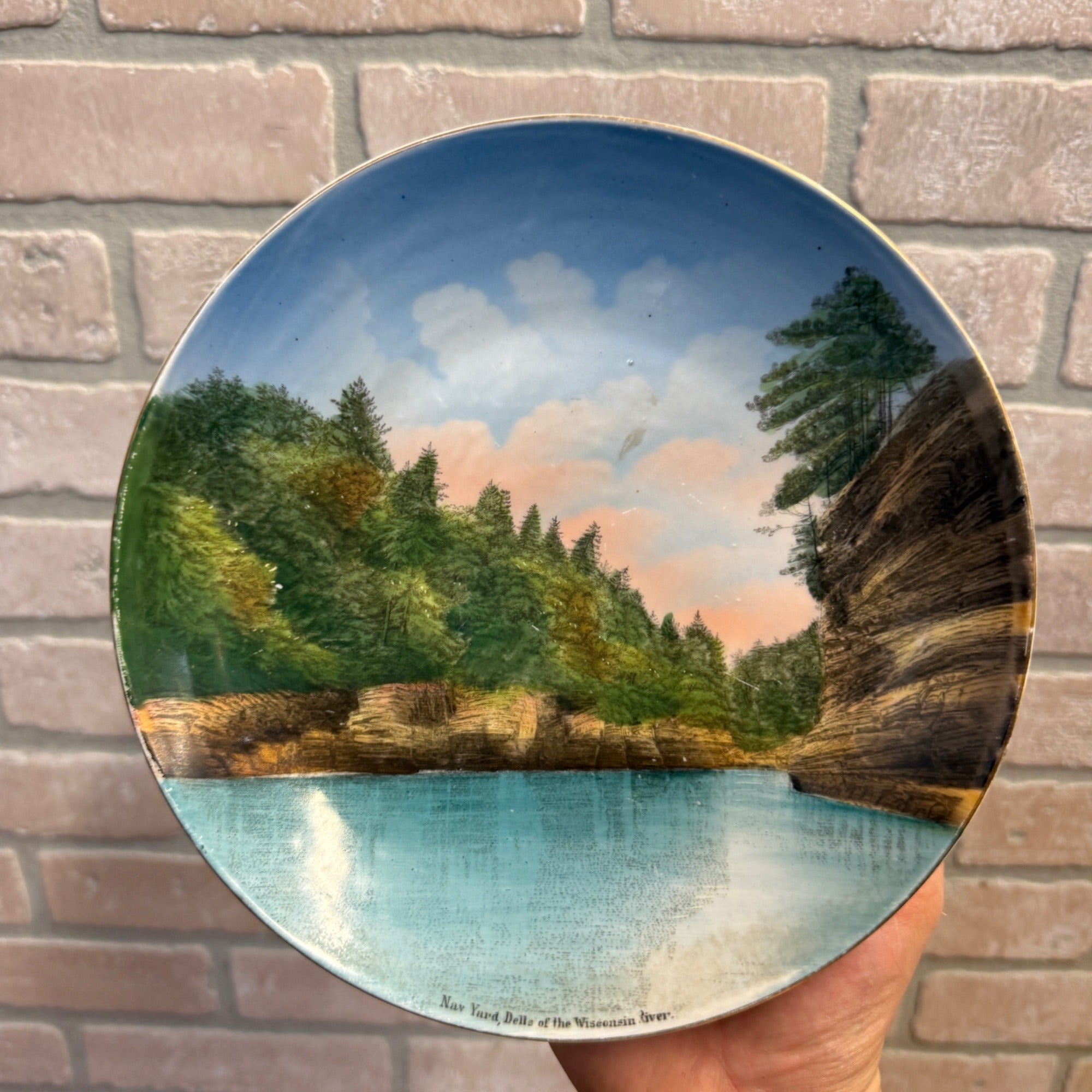 Vintage Hand-Painted Souvenir Plate "Nav Yard Dells Of The Wisconsin River" 1900s Decor