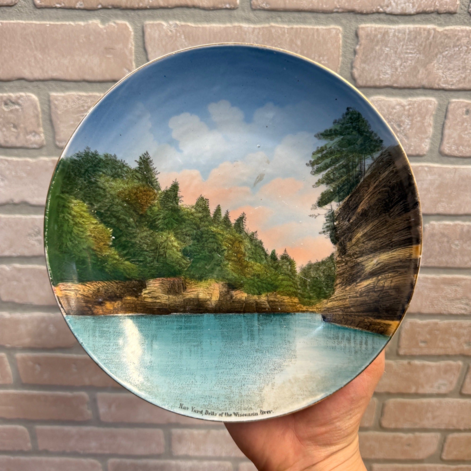 Vintage Hand-Painted Souvenir Plate "Nav Yard Dells Of The Wisconsin River" 1900s Decor