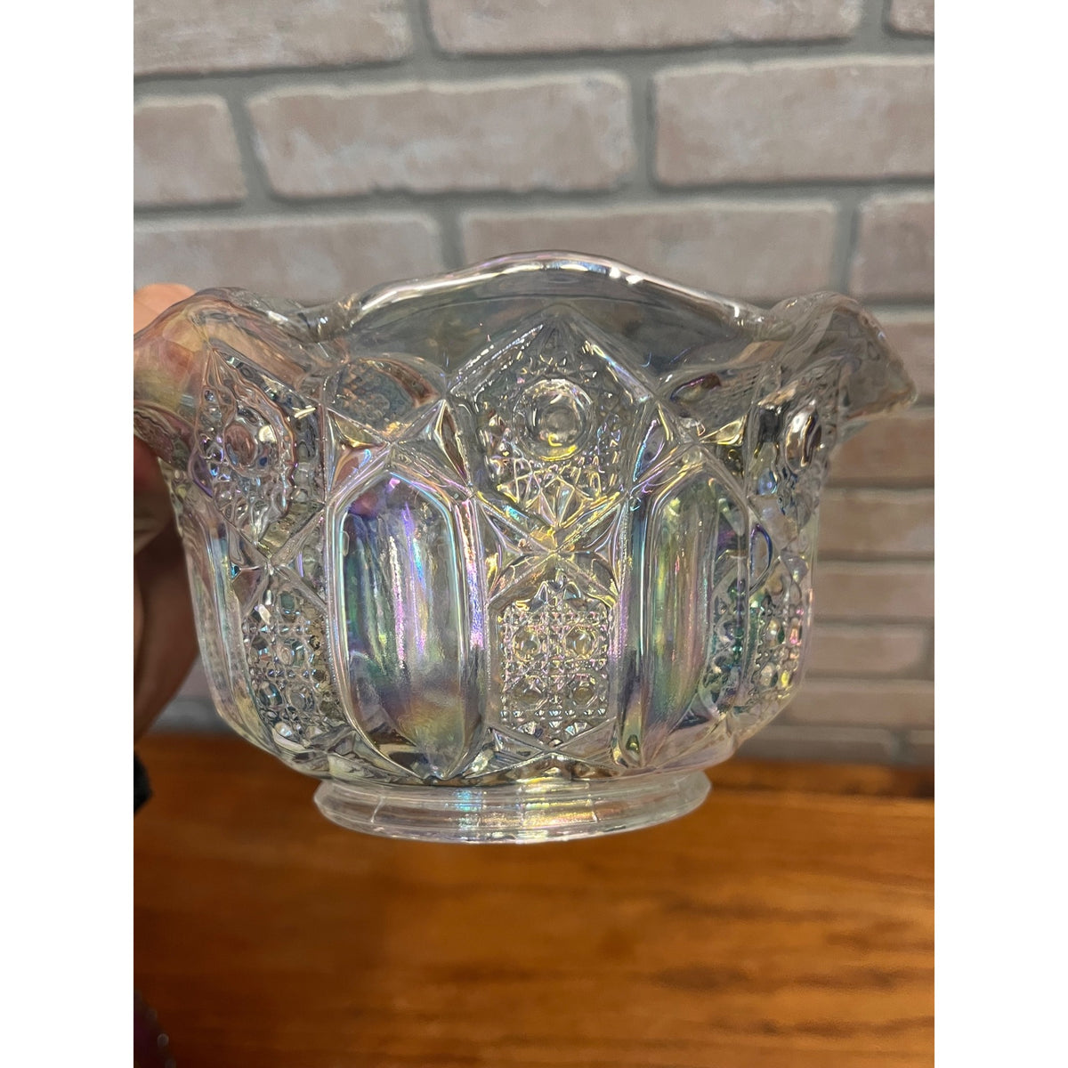 Vintage L.E. Smith Clear Iridescent Carnival Glass Bowl - Vintage Ruffled Edge Design