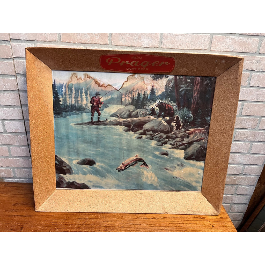 RARE Vintage 1940s Atlas Prager Beer Chicago Advertising Cardboard Sign Fishing Scene